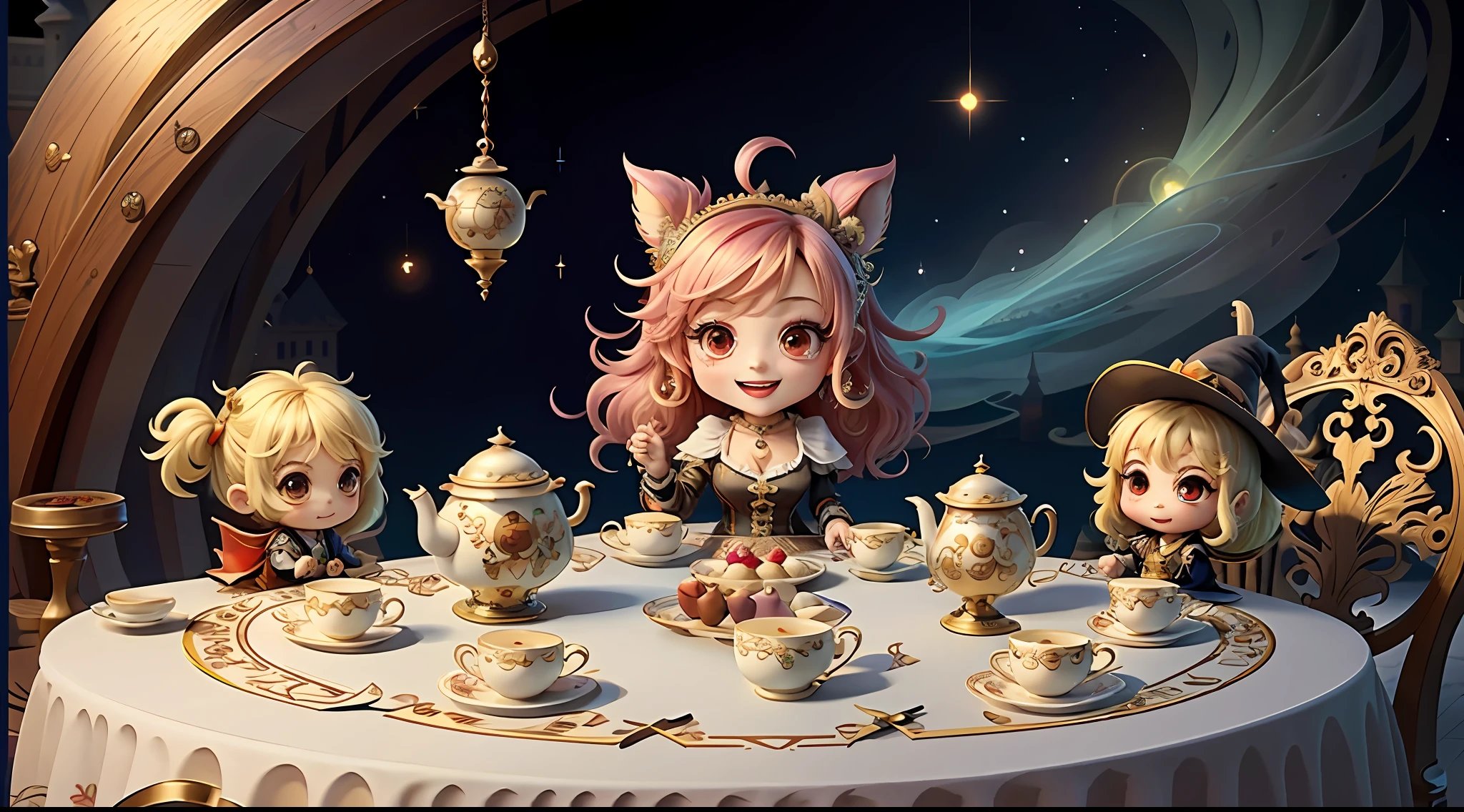masterpiece, best quality, chibi, witch tea party, cute, happy, vibrant, colorful