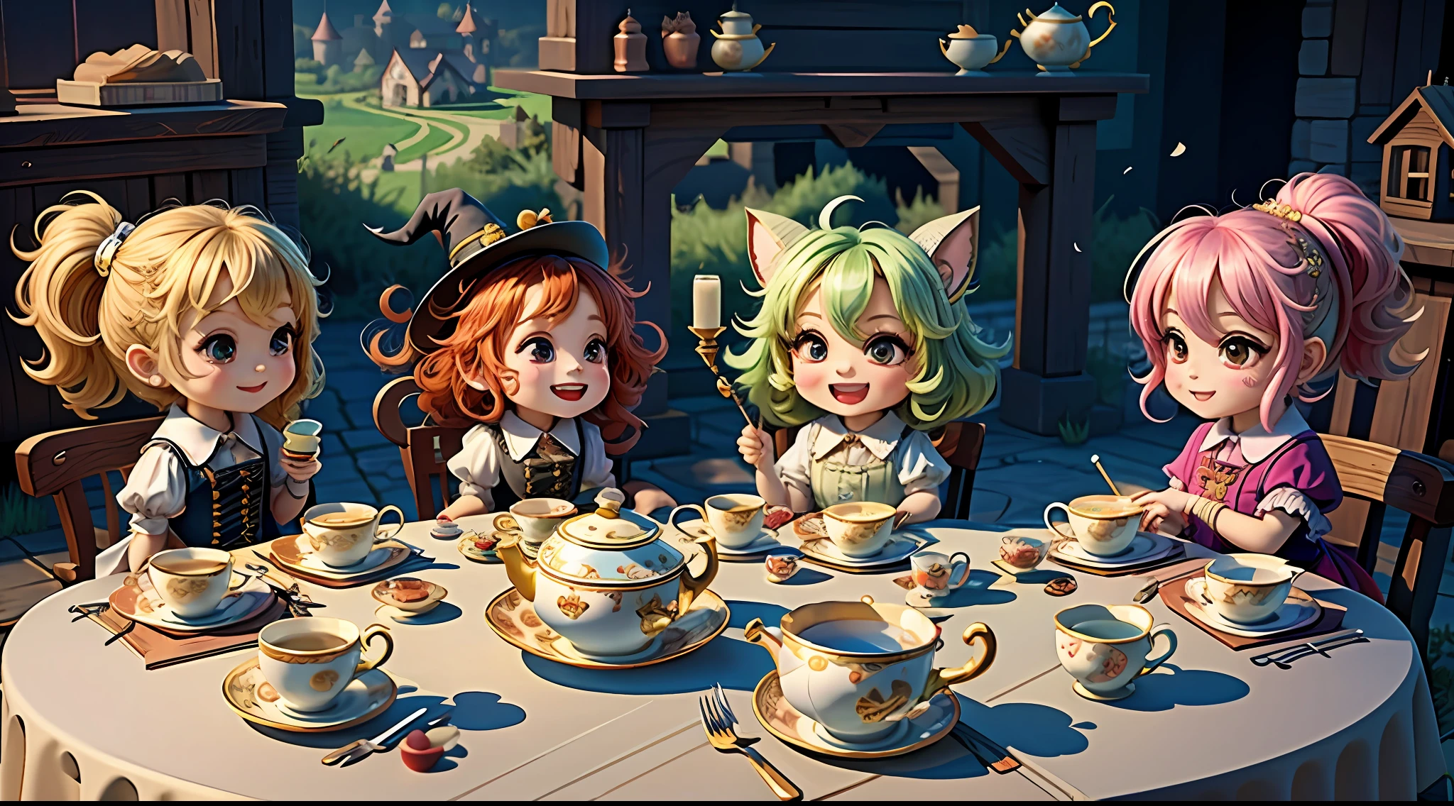 masterpiece, best quality, chibi, witch tea party, cute, happy, vibrant, colorful