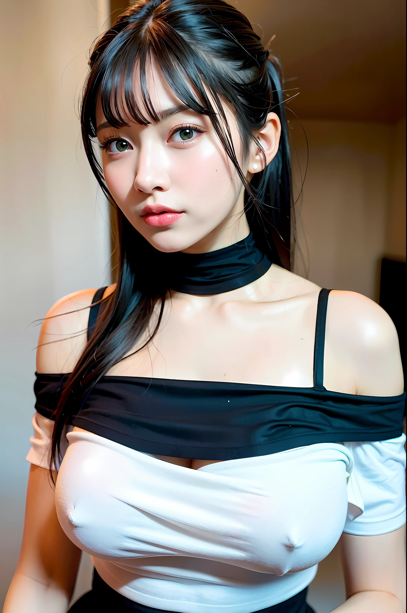 best quality, ultra high res, (photorealistic:1.4), 1girl, off-shoulder white shirt, black tight skirt, black choker, (faded ash gray hair:1), (huge breasts:1.2), looking at viewer, closeup ,