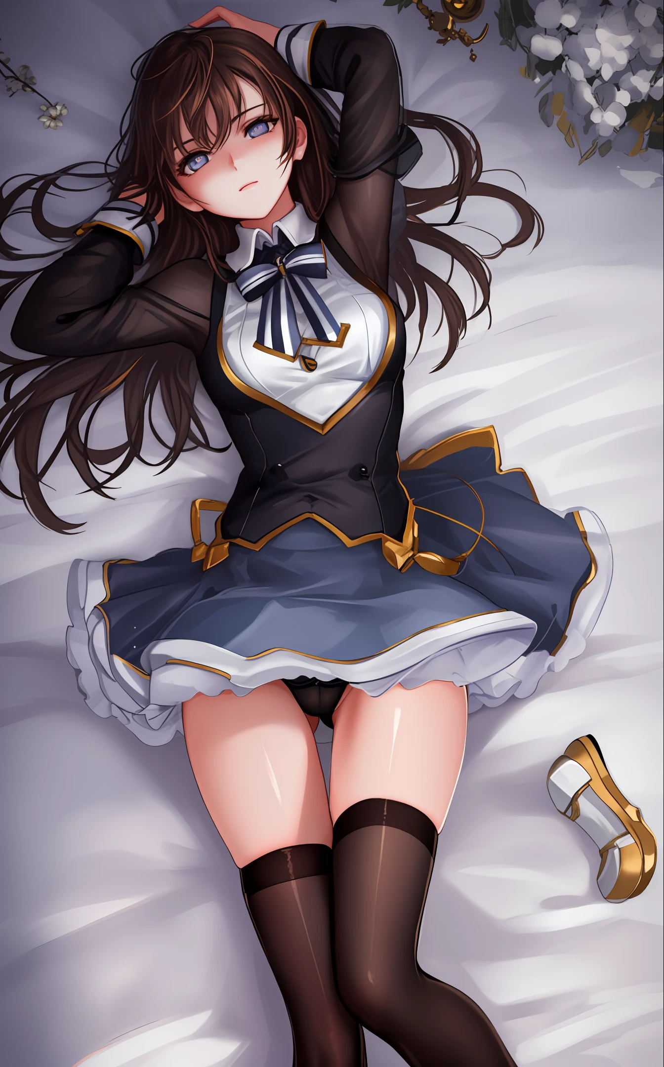 ((Realistic Lighting, Top Quality, 8K, Masterpiece: 1.3)), Clear Focus: 1.2, 1 Girl, Perfect Beauty: 1.4, Slim Abs: 1.1, ((Long Dark Brown Hair, Big: 1.2)), (Torn Dress: 1.3, Black Full Leg Stockings: 1.2, Mesh White Panties), (Outdoor, Night: 1.1), City Street, Super Slender Face, Narrow Eyes, Double Eyelids, Put your hands on your head, (full body lying on bed: 1.2), facing the camera, legs open, top quality, masterpiece, ultra high resolution, (photorealistic: 1.4), raw photo, 1girl, darkness, deep shadow, cold light, spread legs, arms behind the head, lift blue skirt, wet white top, each top, pink bra, camel toe, see-through pubic area