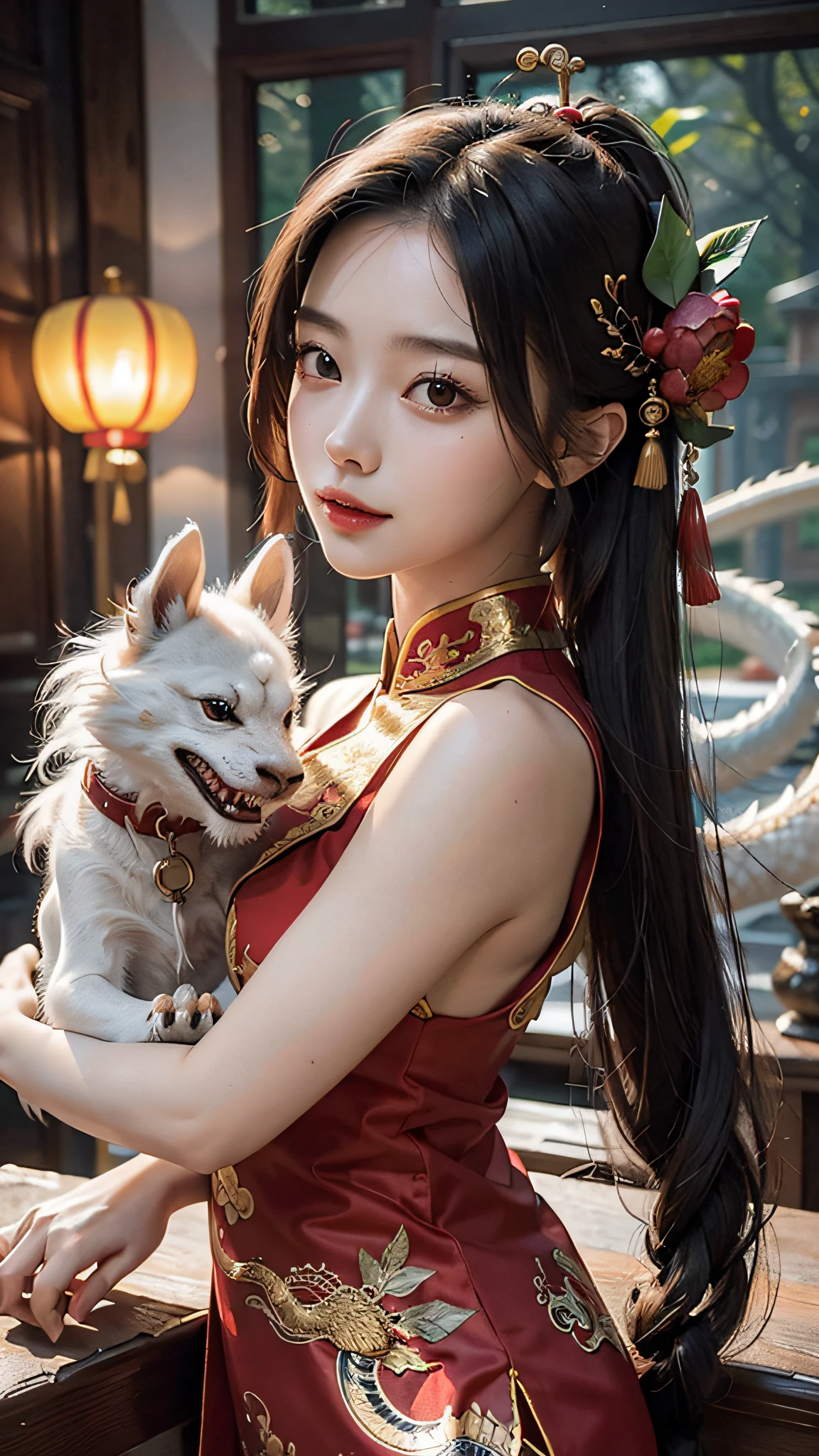 masterpiece, best quality, making friends with the Chinese dragon, fun, happy, bright, loong,