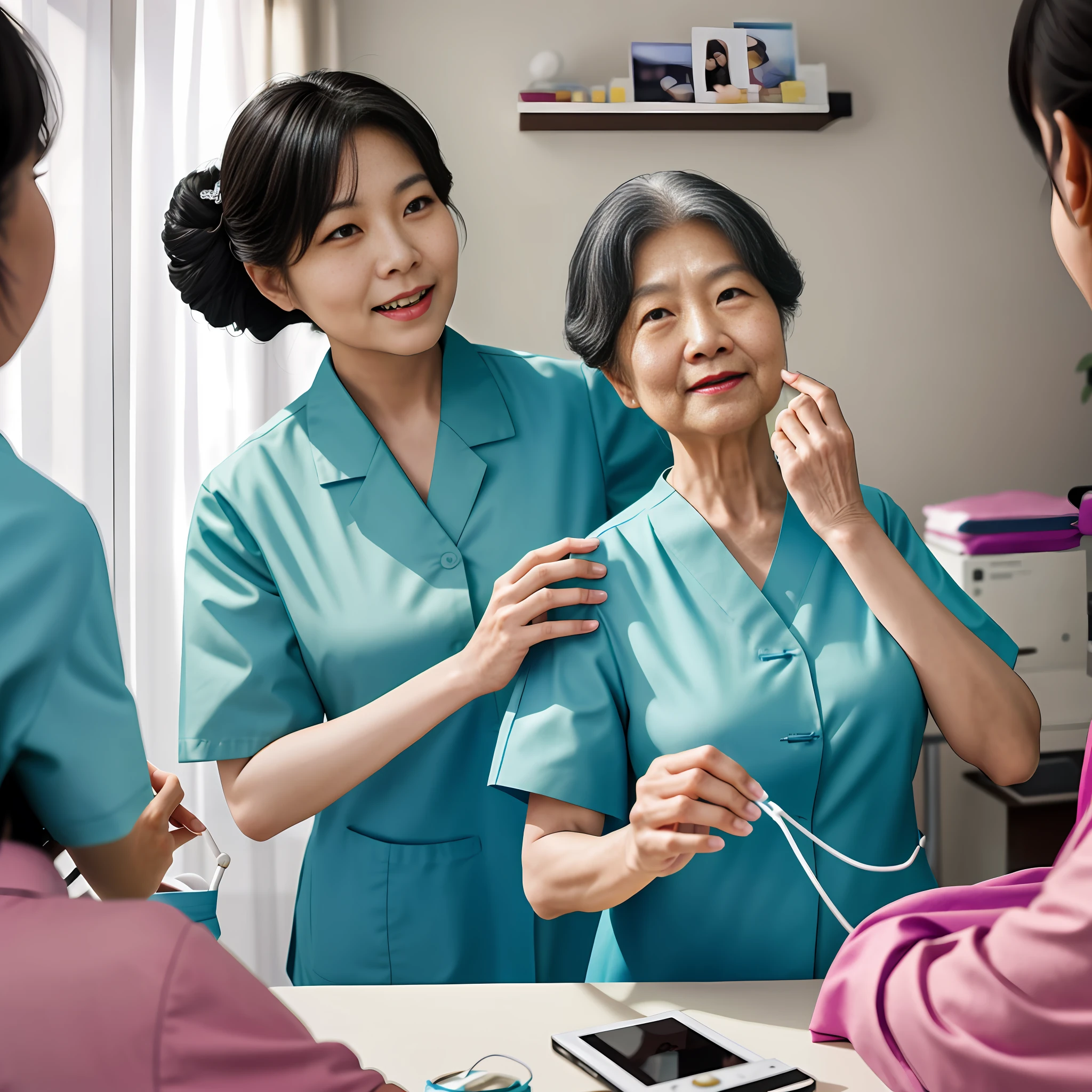 In the center of the picture is an Asian old woman, behind which a female medical staff helps her sort out her clothes, warm, real photos, rich details, professional videography, bust photos, 4K, indoor background, bright and vivid pictures