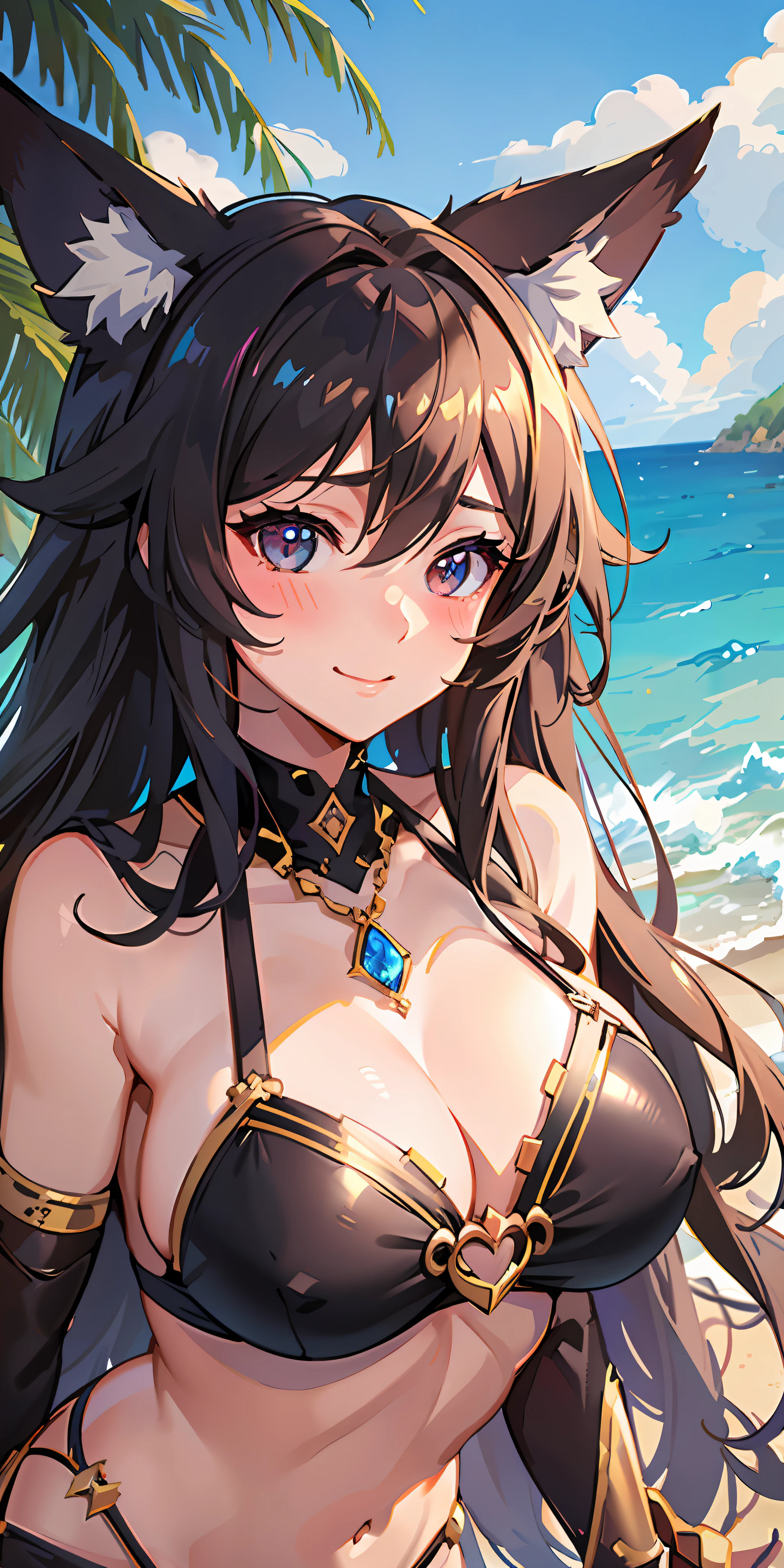 Best Quality, Super Detail, Best Shadows, Dynamic Angle, High Contrast, (1 Girl, Solo), Fox Ears, Smile, (Blush), (Beautiful Detailed Face, Beautiful Detailed Eyes), Big Breasts, Midriff, (Striped Hair, Hair Between Eyes), Long Hair, Swimsuit, Bikini, Beautiful Beach, Jewels, Crystal