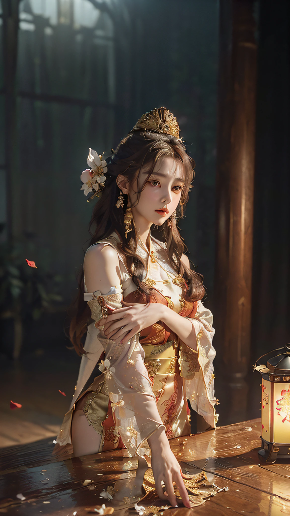 (((half-body, bust photo)), superlative, masterpiece, high resolution, (exquisite body: 1.5), stunning beauty, (milky skin: 1.3), exquisite details, high resolution, wallpaper, 1 woman, solo, dress, hair accessories, ((((golden red dress)) ), flower, long hair, brown hair, shut up, jewelry, long sleeves, hands raised, wide sleeves, big eyes, flowing hair, hanfu, hanfu, embroidery, long skirt, natural pose, falling petals, interior, fanning, lantern, 16K, HDR, high resolution, depth of field, (Film Grae: 1.1), Bocon, Primetime, (Lens Glow), Vignette, Rainbow, (Color Grading: 1.5)
