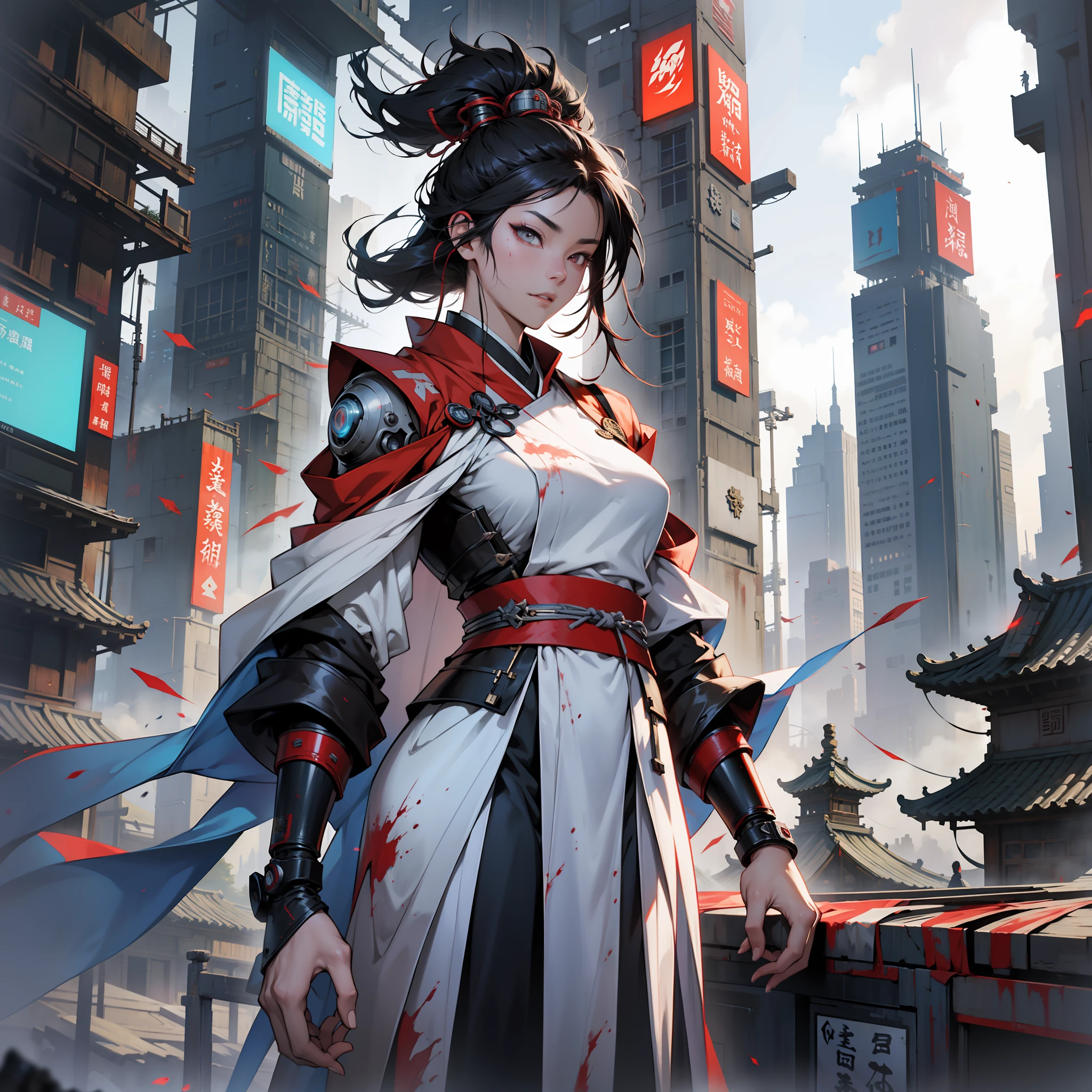 An ancient Chinese girl, full body, amazing facial features, wearing a cloak on her head, blood stains, sharp eyes, cyberpunk, holographic aura, surreal science fiction art, futuristic science fiction aesthetics, Hanfu, mechanical, complex design, game model, movie edge light, delicate light, masterpiece, super detail, epic composition, super HD, high quality, highest quality, 32k --niji 5