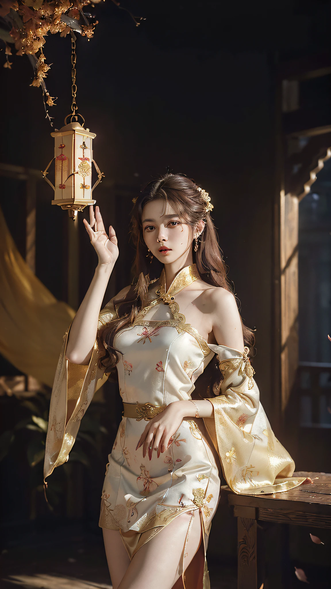 (((half-body, bust photo)), superlative, masterpiece, high resolution, (exquisite body: 1.5), stunning beauty, (milky skin: 1.3), exquisite details, high resolution, wallpaper, 1 woman, solo, dress, hair accessories, ((((golden red dress)) ), flower, long hair, brown hair, shut up, jewelry, long sleeves, hands raised, wide sleeves, big eyes, flowing hair, hanfu, hanfu, embroidery, long skirt, natural pose, falling petals, interior, fanning, lantern, 16K, HDR, high resolution, depth of field, (Film Grae: 1.1), Bocon, Primetime, (Lens Glow), Vignette, Rainbow, (Color Grading: 1.5)