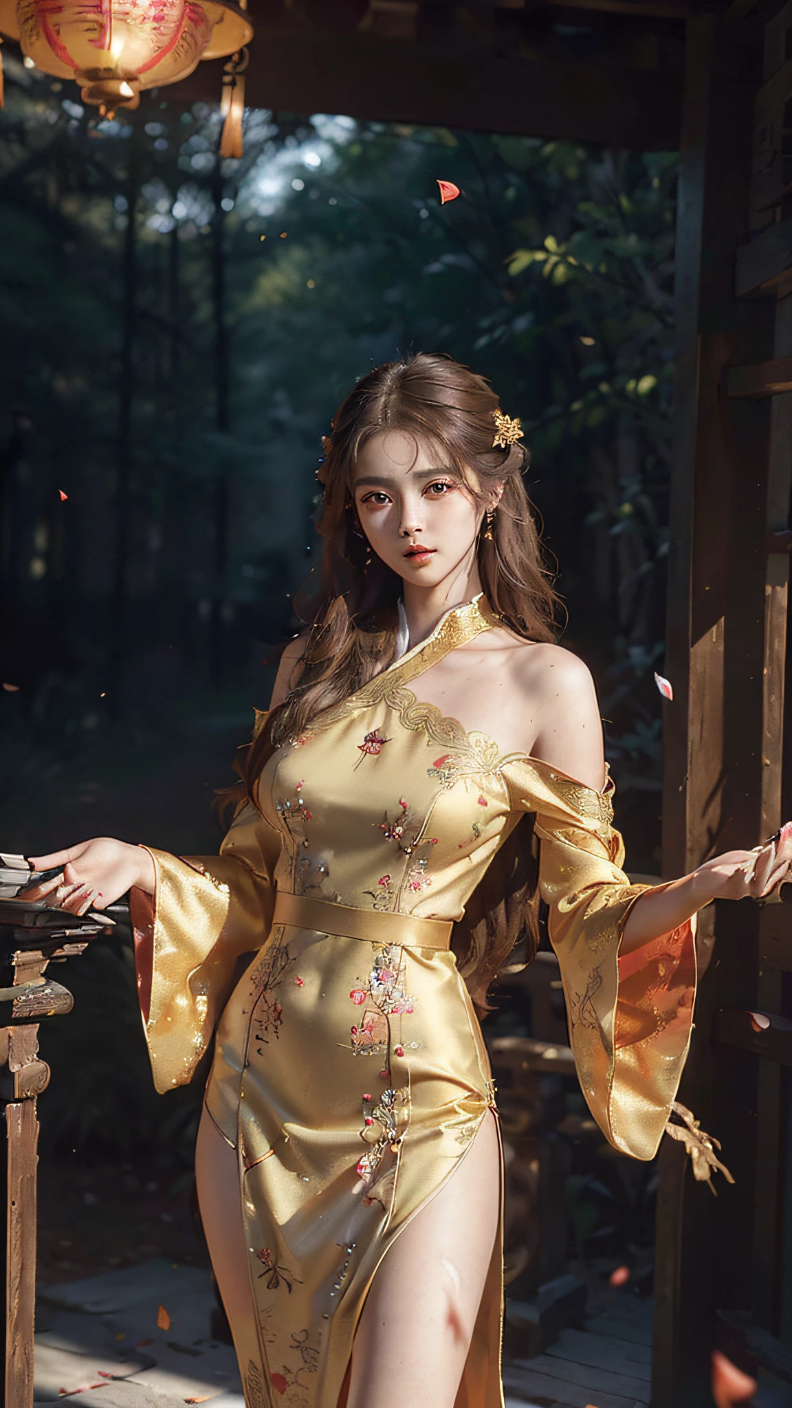 (((half-body, bust photo)), superlative, masterpiece, high resolution, (exquisite body: 1.5), stunning beauty, (milky skin: 1.3), exquisite details, high resolution, wallpaper, 1 woman, solo, dress, hair accessories, ((((golden red dress)) ), flower, long hair, brown hair, shut up, jewelry, long sleeves, hands raised, wide sleeves, big eyes, flowing hair, hanfu, hanfu, embroidery, long skirt, natural pose, falling petals, interior, fanning, lantern, 16K, HDR, high resolution, depth of field, (Film Grae: 1.1), Bocon, Primetime, (Lens Glow), Vignette, Rainbow, (Color Grading: 1.5)