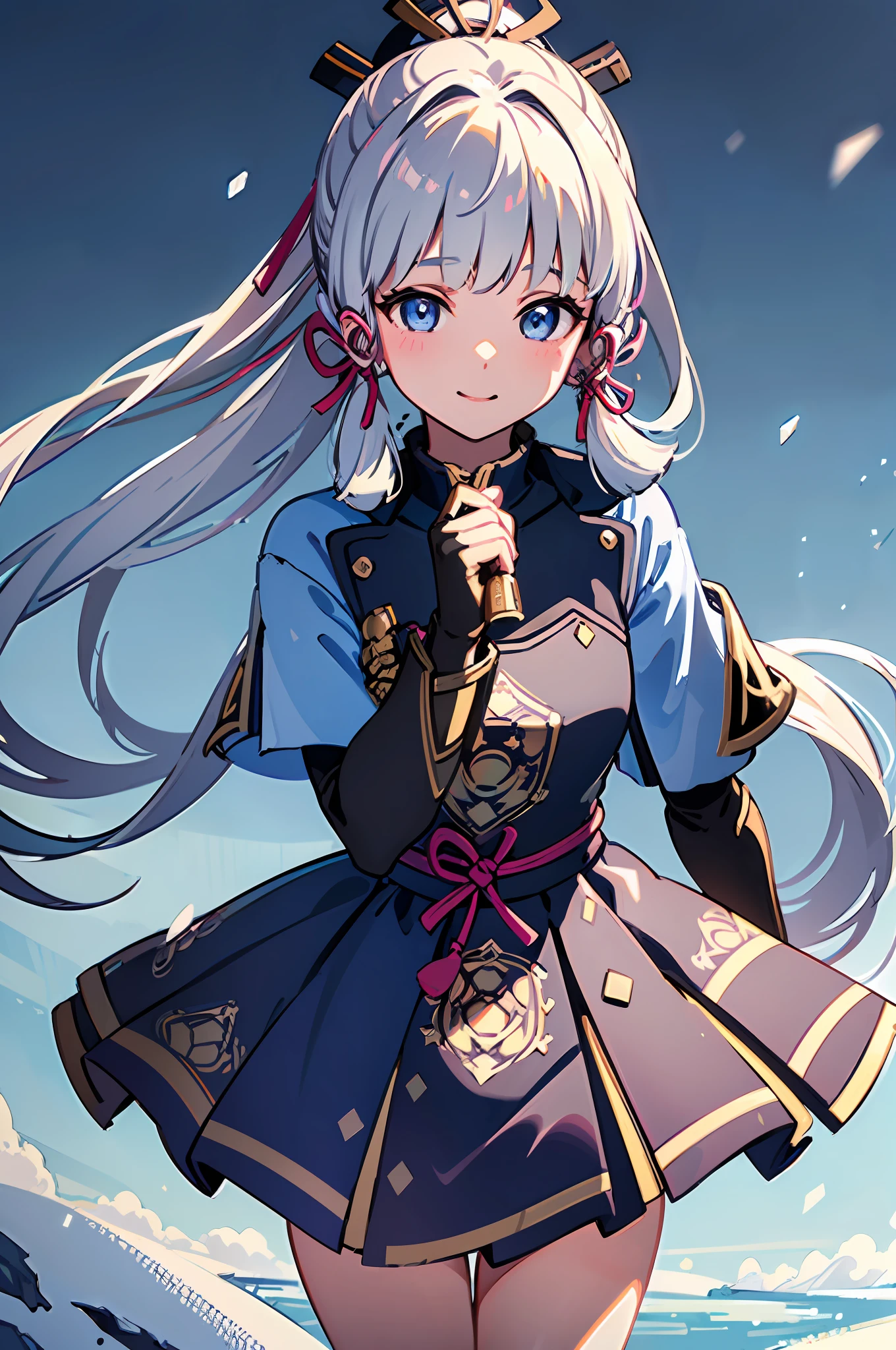 (((Masterpiece))), 4k resolution, Highly detailed, ((Very detailed eyes))), Detailed background, Film lighting, Crystal clear eyes, High quality, High resolution, Ultra detail, 8k, Best quality, 1 girl, solo, shadow, backlight, light particles, thick eyelashes, wide sleeves, thick thighs, (Masterpiece: 1.3), (Best quality: 1.2), (Super fine illustration: 1.2), (Masterpiece), High quality, High detail, (Solo: 1.4), (round image)), Full body, 1 girl, Ayaka Kamisato, smile, blush, shut up, cryosports, black gloves, thick, village, snow, medium breasts, hands fist on chest,