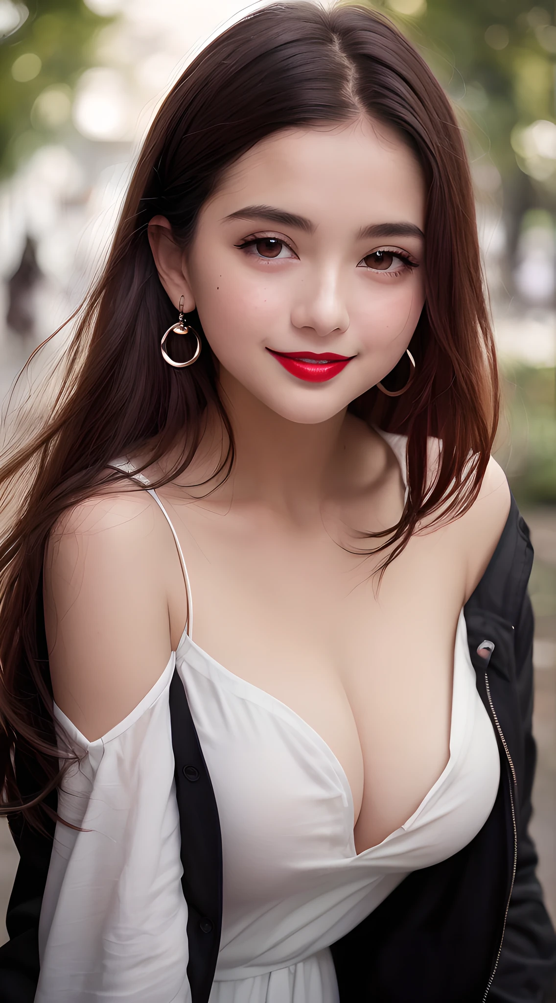 masterpiece, upper body photo of a Young girl in a white camisole, solo, absurdity, realistic(face, body, skin), (cute:1.35), cuties, (big breasts:1.275), detailed black eyes, innocent eyes, blusher, light(loose & oversize black jacket:1.2), (bare shoulder), jewelry, earrings, short hair, (messy bob hair), areola slip, areola slip out, cherry colored lips, closeup, look at viewer, long hair, upper body, open lips, upper teeth, (smiling eyes:0.375), ((grinning:1.125)), depth of field, outdoors, cinema light, blurred background, eye focus, Bokeh, Professional Lighting, Portrait, Photon Mapping, Radiosity, Physically Based Rendering, soft light, film grain,