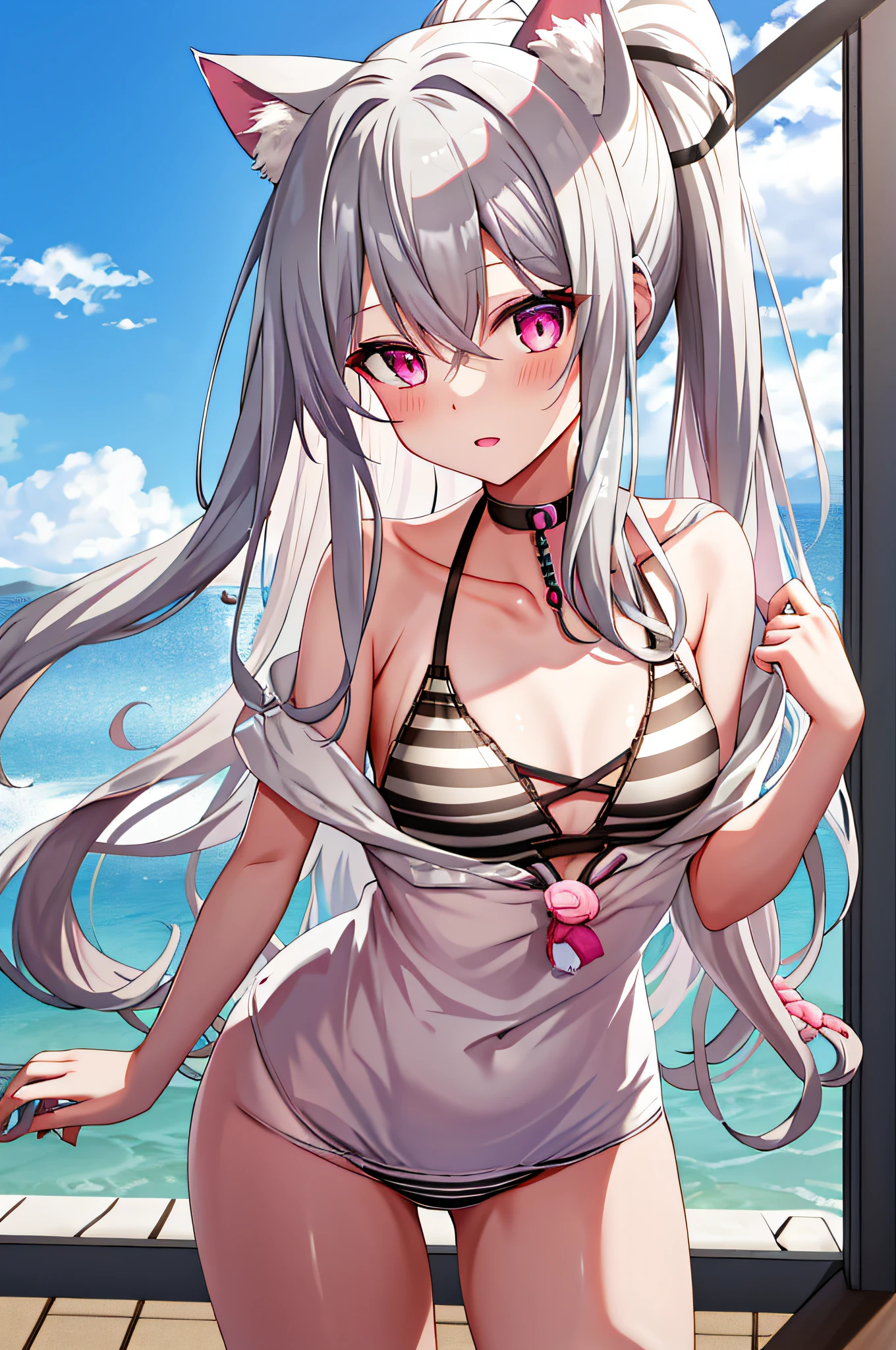 Masterpiece, Best Quality, High Resolution, Cat Ears Girl, Ponytail, Pink Eyes, Hair Between Eyes, Bangs, Silver Hair, Clavicle, Halter Neck, Breasts, Very Long Hair, Small, School Swimsuit