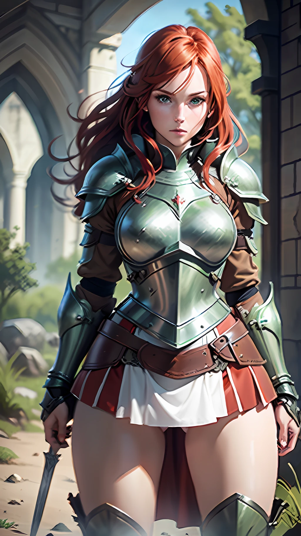 Redhead warrior, detailed, 1 girl, beautiful, green eyes, 8k, artwork, ultra realistic, medieval fantasy, armor, steel breastplate, steel gauntlets, steel boots, red skirt, miniskirt, ((crouch)), open legs, panties, panties appearing, white panties, upskirt, cameltoe, nsfw