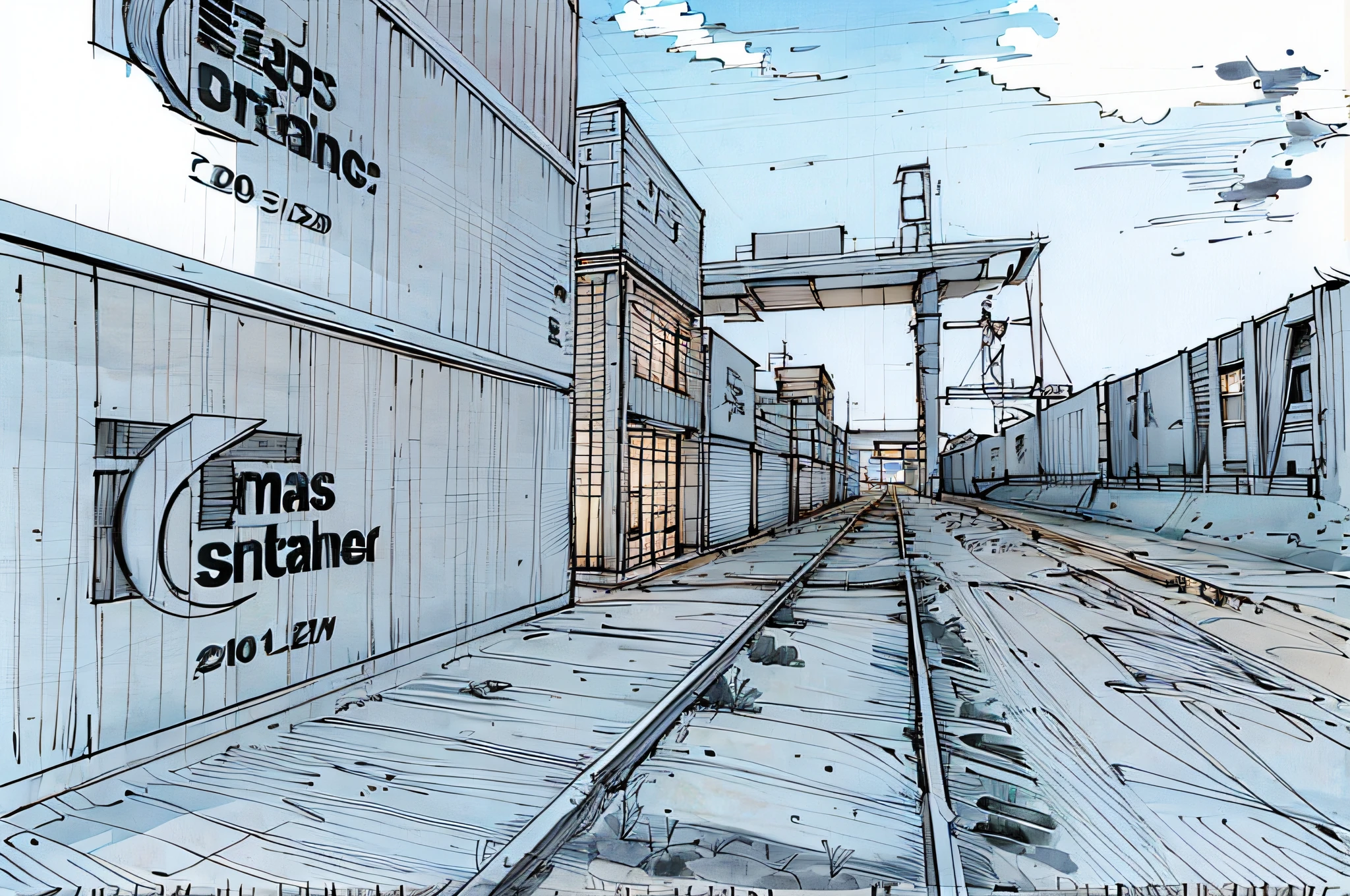 linear, gray, white background, simple background, sketch, sketch, pen_sketch_style, there are many containers on the railway tracks, yard, crane in the background, shipping containers, trade warehouses, photo taken in 2 0 2 0, shipyard, boxes and parts on the ground, high quality loading, attractive, medium full plan, construction shipyard