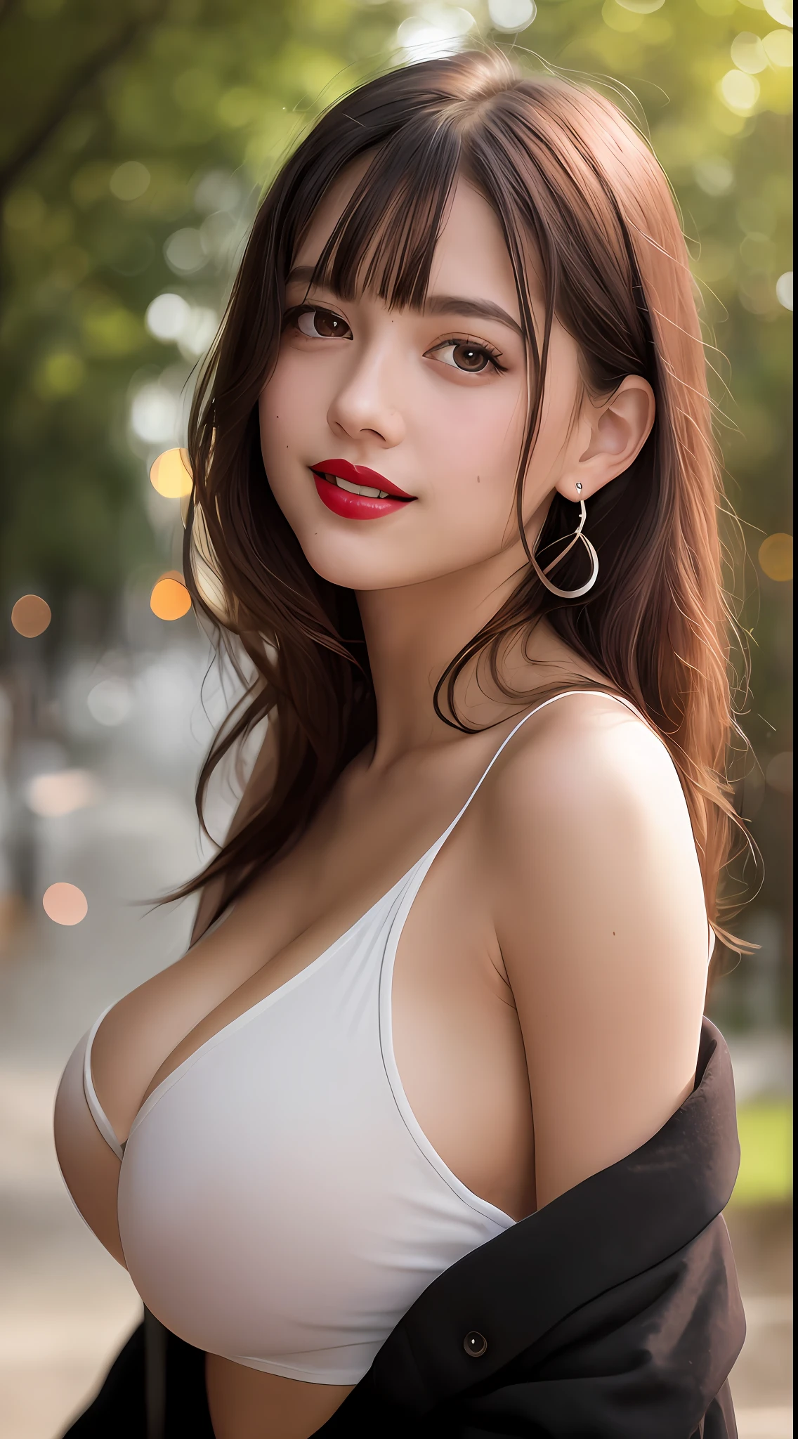 masterpiece, upper body photo of a Young girl in a white camisole, solo, absurdity, realistic(face, body, skin), (cute:1.35), cuties, (big breasts:1.275), detailed black eyes, innocent eyes, blusher, light(loose & oversize black jacket:1.2), (bare shoulder), jewelry, earrings, short hair, (messy bob hair), areola slip, areola slip out, cherry colored lips, closeup, look at viewer, long hair, upper body, open lips, upper teeth, (smiling eyes:0.375), ((grinning:1.125)), depth of field, outdoors, cinema light, blurred background, eye focus, Bokeh, Professional Lighting, Portrait, Photon Mapping, Radiosity, Physically Based Rendering, soft light, film grain,