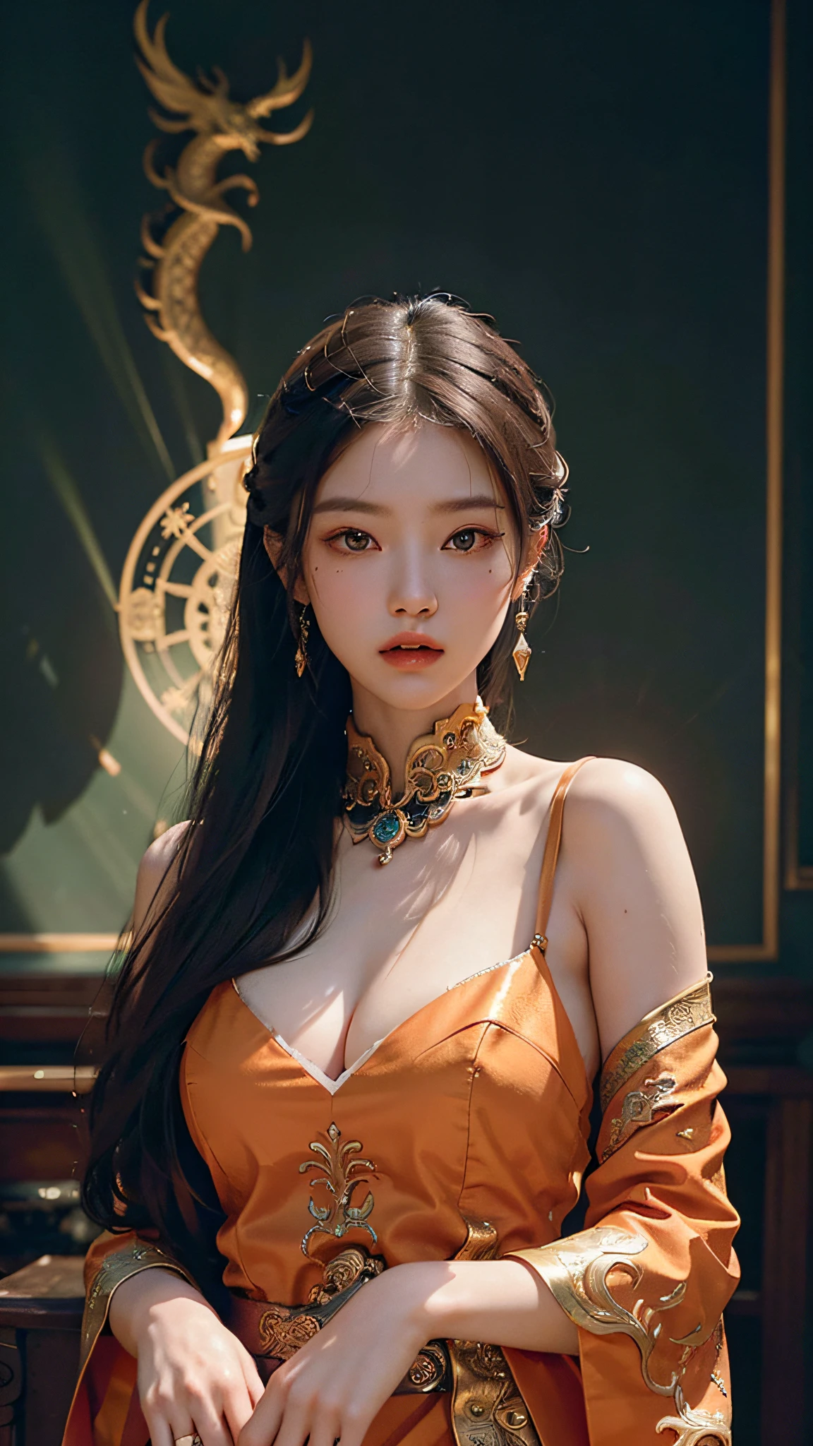 ((Half-body, half-body photo)), Ms. Long, Authoritative anime, ArtStation, Nguyen Jiahe art germ, light and shadow art, beauty, exquisite facial features, artistic atmosphere)), (feminine, fantasy illustration, Pan Chengwei, epic exquisite, Fenghua clock, overhead lens, exquisite character art), (dragon, exquisite, handheld dragon, CG society), (gorgeous tones, orange tones), (high-grade light, sharp contrast, strong deep shadow), (aesthetic, pure beauty), (perfect, details in place), (minimalist line drawings, light and shadow echo).