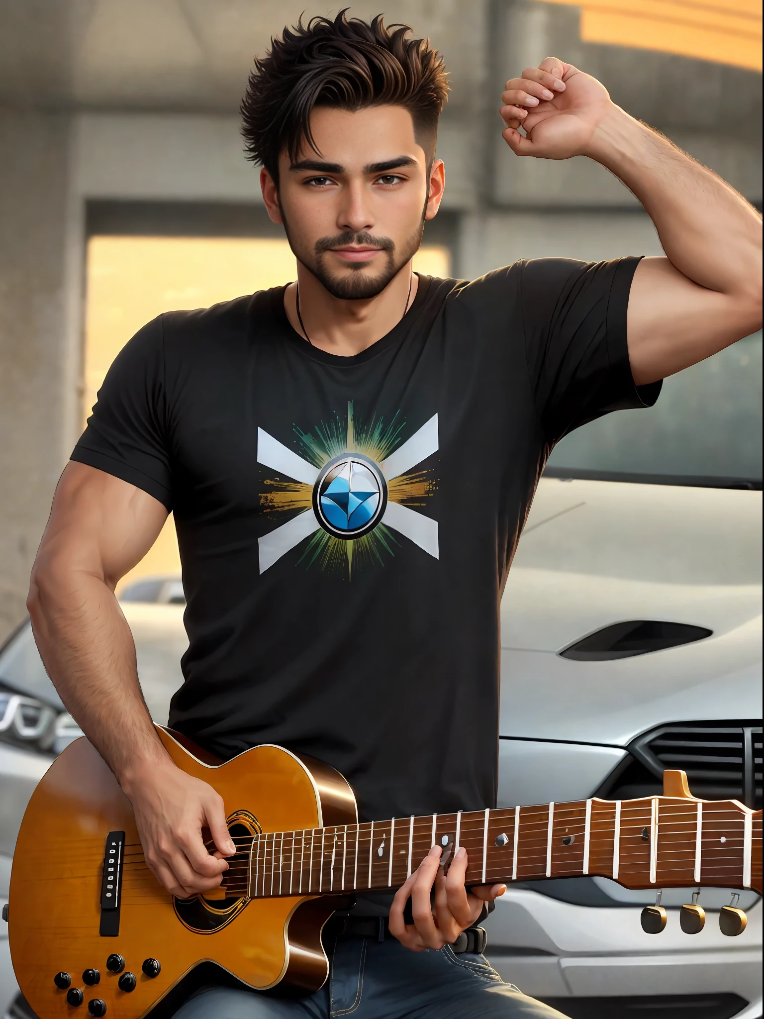 generate_image --background "sunset" --man "bronze skin, stubble beard" --car "black matte BMW X6 with gold accents" --guitar "pearlescent PRS guitar" --t-shirt "AMPT ROCK" --phone "iPhone" --resolution "8K" --aspect_ratio "16:9" --date "2025-01-01" --age "32" --name "Alejandro Rockstar"