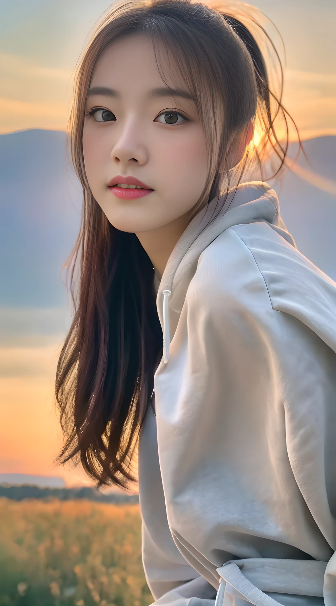 (8k, RAW photo, best quality, masterpiece), (realistic, photo-realistic:1.2), ultra detailed, 1 girl, cute, solo, beautiful detailed sky, detailed cafe, night, sitting, dating, dose blush, closed mouth, Beautiful and delicate eyes, wearing hoodies, dolphin shorts, medium build, flowing hair, long blue hair, GIRL, FEMININE, pink eyes, ultra-fine details, complex scenes, ambient light, soft light, elegant, symmetrical facial features, accurate anatomy, anatomically correct girl, landscape, gossamer, ethereal, full body, ponytail, gentle, gentle, sensible, big breasts,