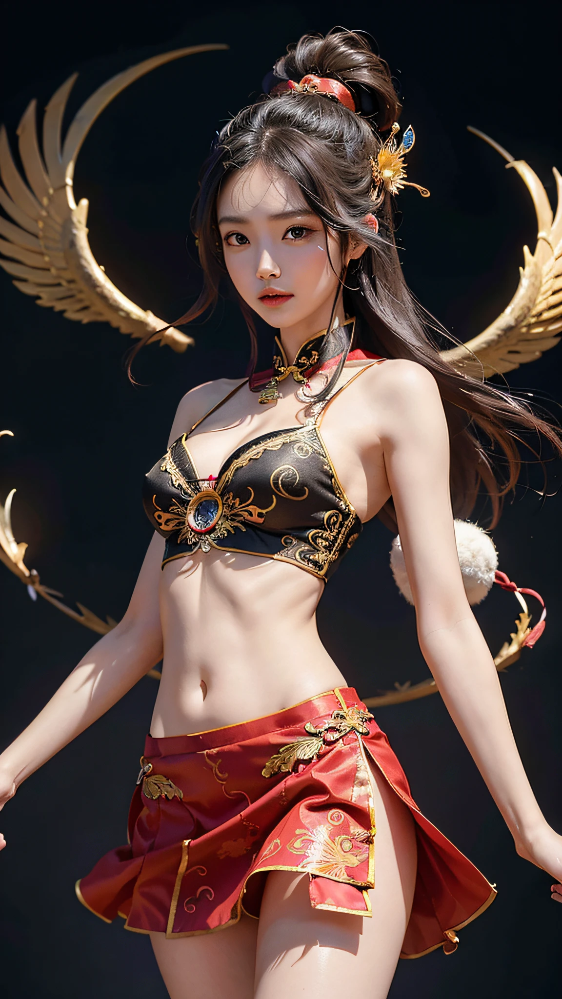 Official Art, Unified 8K Wallpapers, Ultra Detailed, Beautiful and Aesthetic, Masterpiece, Best Quality, (Zentangle, Tangle, Entangle), (fractal art: 1.4), 1girl, black hair, Chinese, bare shoulders, short skirt, calf, navel, very detailed, dynamic angle, cowboyshot, (most beautiful form chaos), flowing, (bright colors), oc, (half: 1.2), china, (thangka flying sky: 1.5), (ribbon: 1.3), (dream: 1.5), (hanfu: 1.5), Chinese dragon, Chinese phoenix, (smile: 0.5), (Chinese deity),