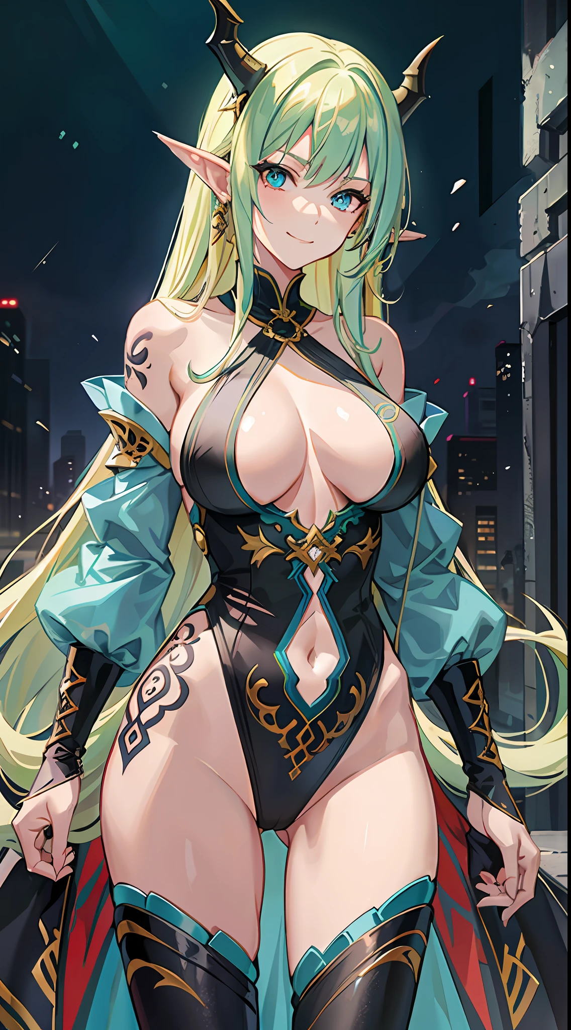 Young girl, long blond hair, turquoise eyes, wide neckline, inner sideboob, tattoo, smirk, combat robe, dragon claws, dragon tail, masterpiece, high quality