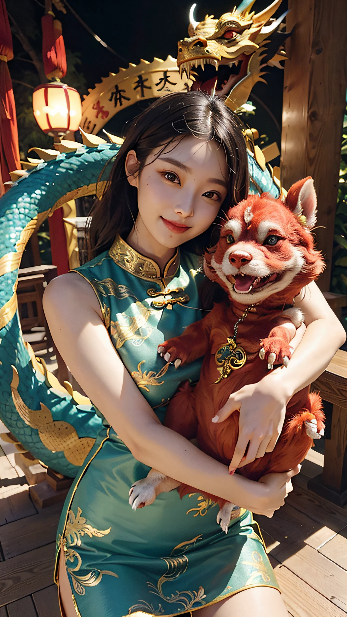 masterpiece, best quality, making friends with the Chinese dragon, fun, happy, bright, loong,