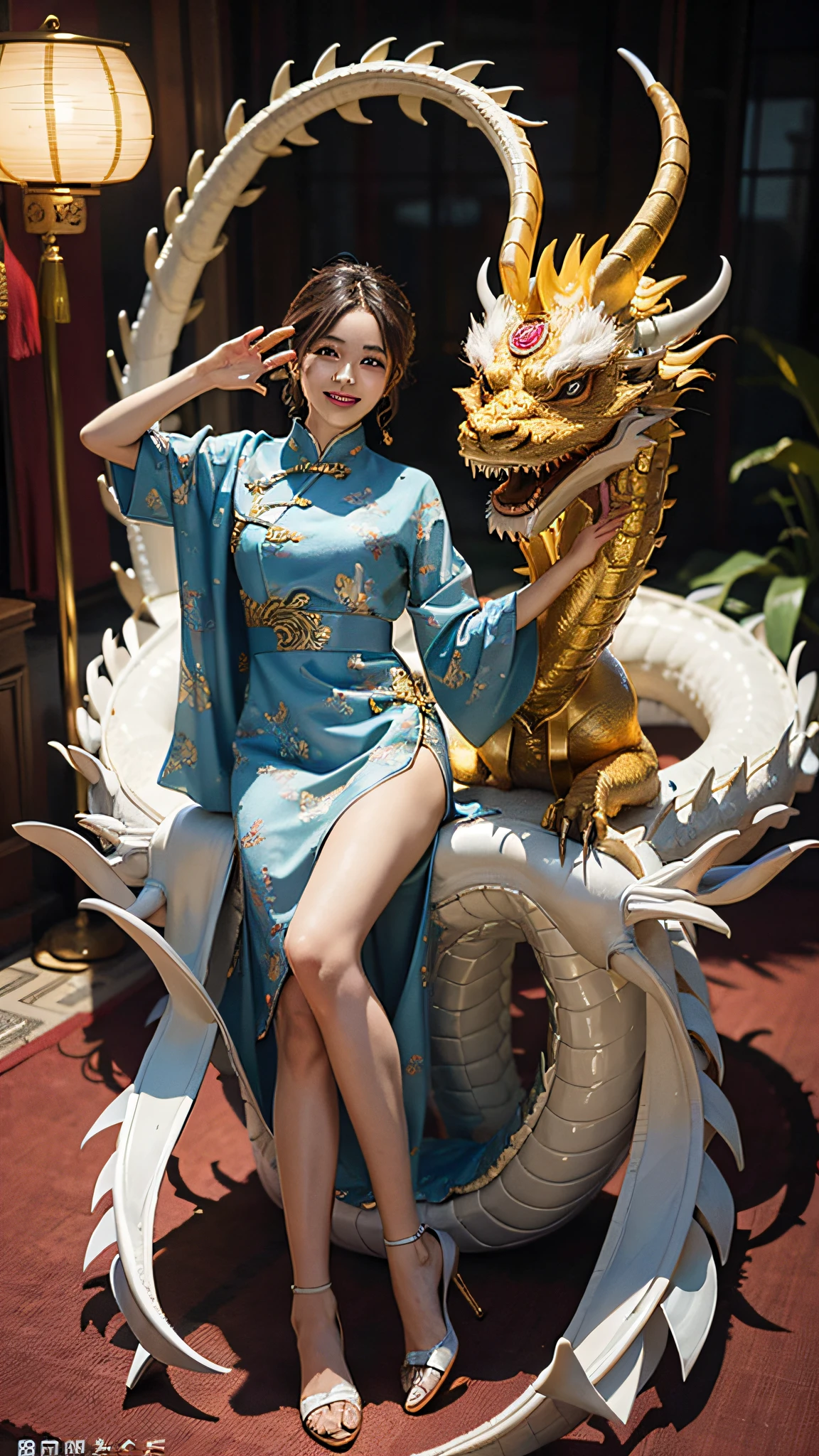 masterpiece, best quality, making friends with the Chinese dragon, fun, happy, bright, loong,