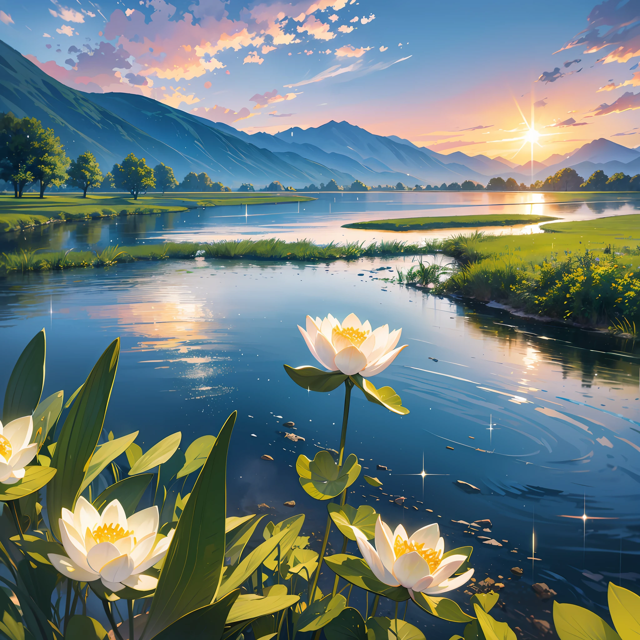 solar term, summer solstice, Scenery, lotus, insect, raining, sea, wave, High Mountain, Small bridges and flowing water, beautifui, UHD, textured skin, highres, 8k, best quality, high details, textured skin, super detail --auto --s2