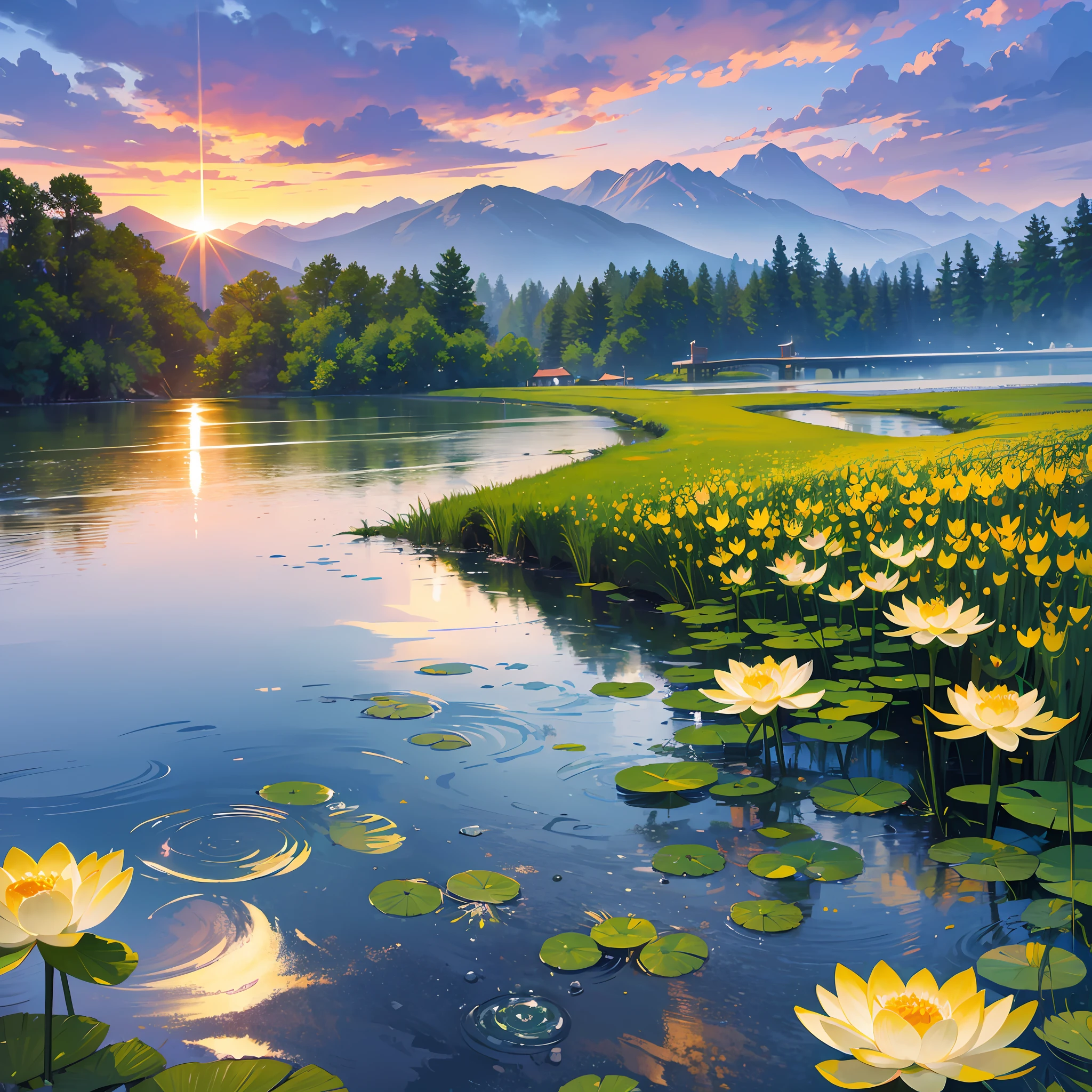 solar term, summer solstice, Scenery, lotus, insect, raining, sea, wave, High Mountain, Small bridges and flowing water, beautifui, UHD, textured skin, highres, 8k, best quality, high details, textured skin, super detail --auto --s2