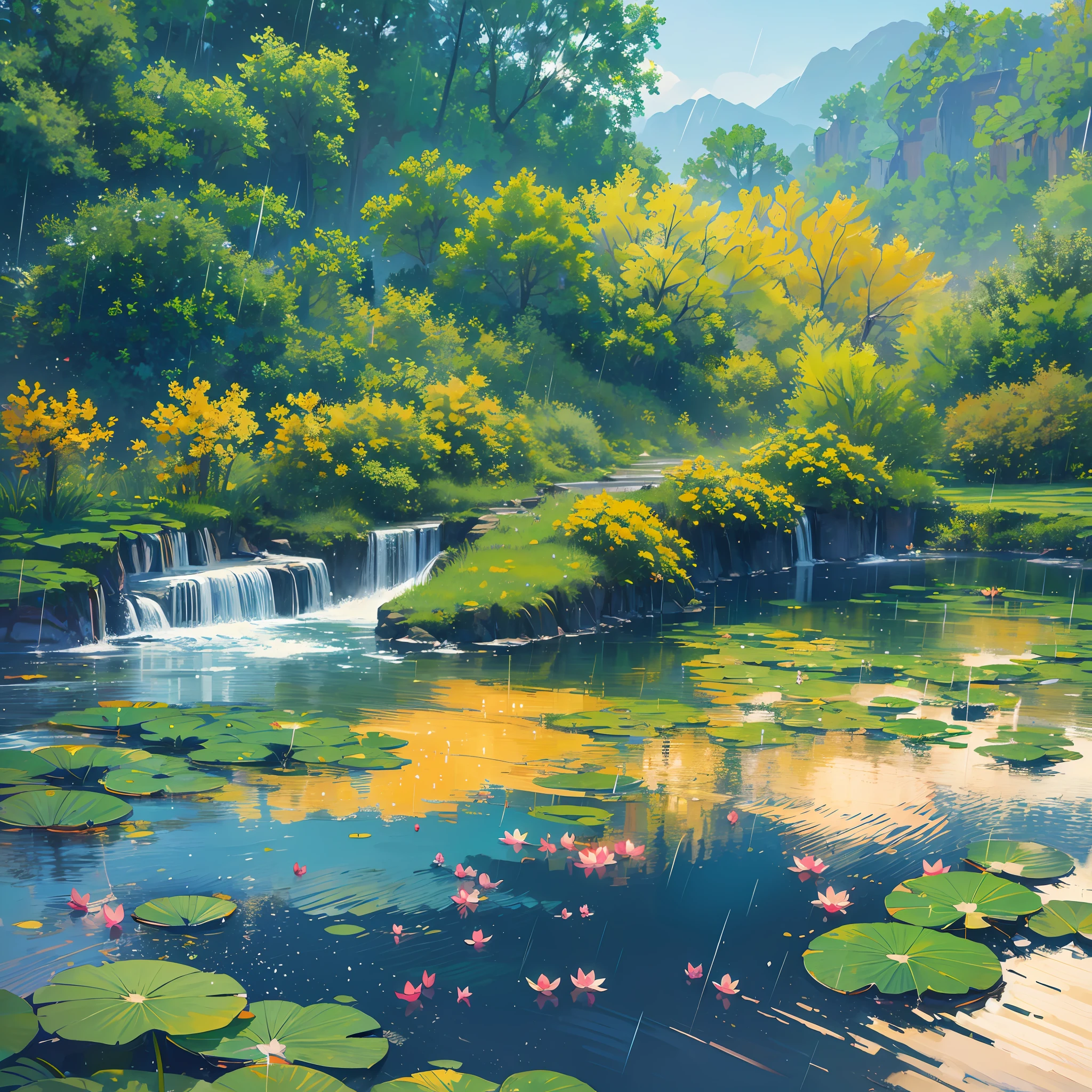 solar term, summer solstice, Scenery, lotus, insect, raining, sea, wave, High Mountain, Small bridges and flowing water, beautifui, UHD, textured skin, highres, 8k, best quality, high details, textured skin, super detail --auto --s2
