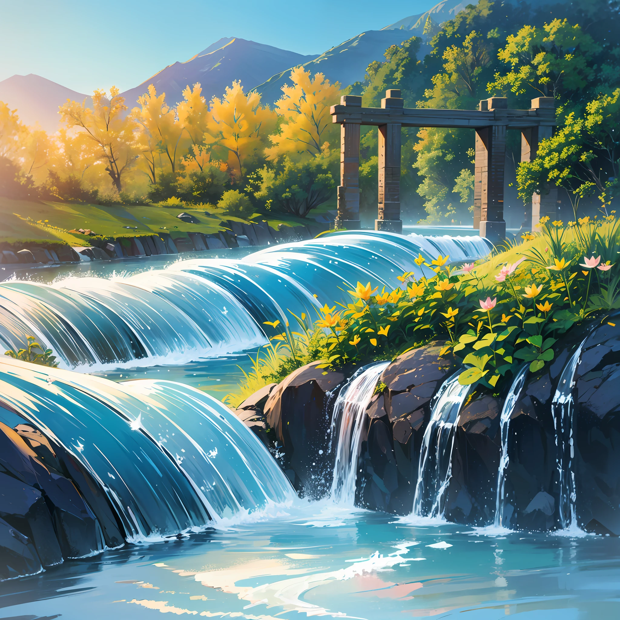 solar term, summer solstice, Scenery, lotus, insect, raining, sea, wave, High Mountain, Small bridges and flowing water, beautifui, UHD, textured skin, highres, 8k, best quality, high details, textured skin, super detail --auto --s2