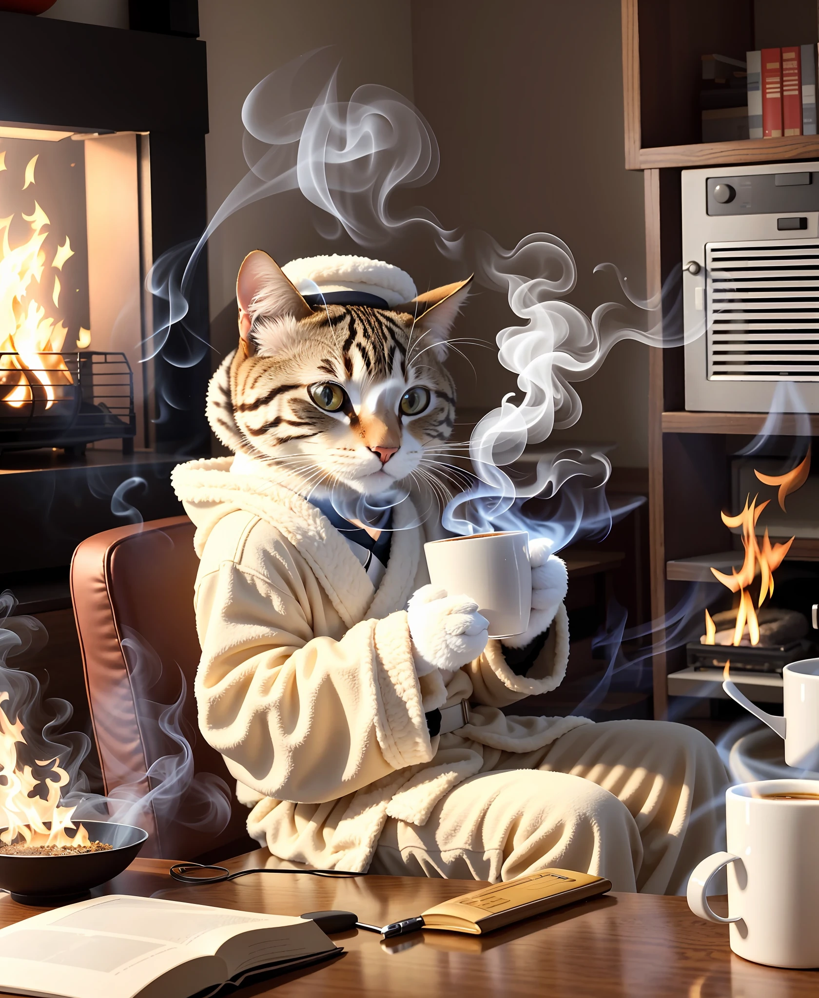 (Best quality: 1.23), (Masterpiece: 1.12), (Reality: 1.24), (Anthropomorphic cat: 1.5) holding a coffee cup, sitting in a robe, eating breakfast, holding a coffee cup, hat, granules, volumetric lighting, room burning, floor and chair on fire, a lot of gadgets and equipment on fire, smoke, warm scene,