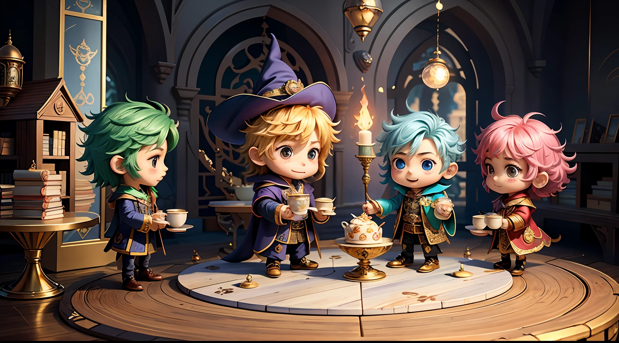 Masterpiece, best quality, chibi, wizard tea party, handsome male witch, cute witch, happy, vibrant, colorful