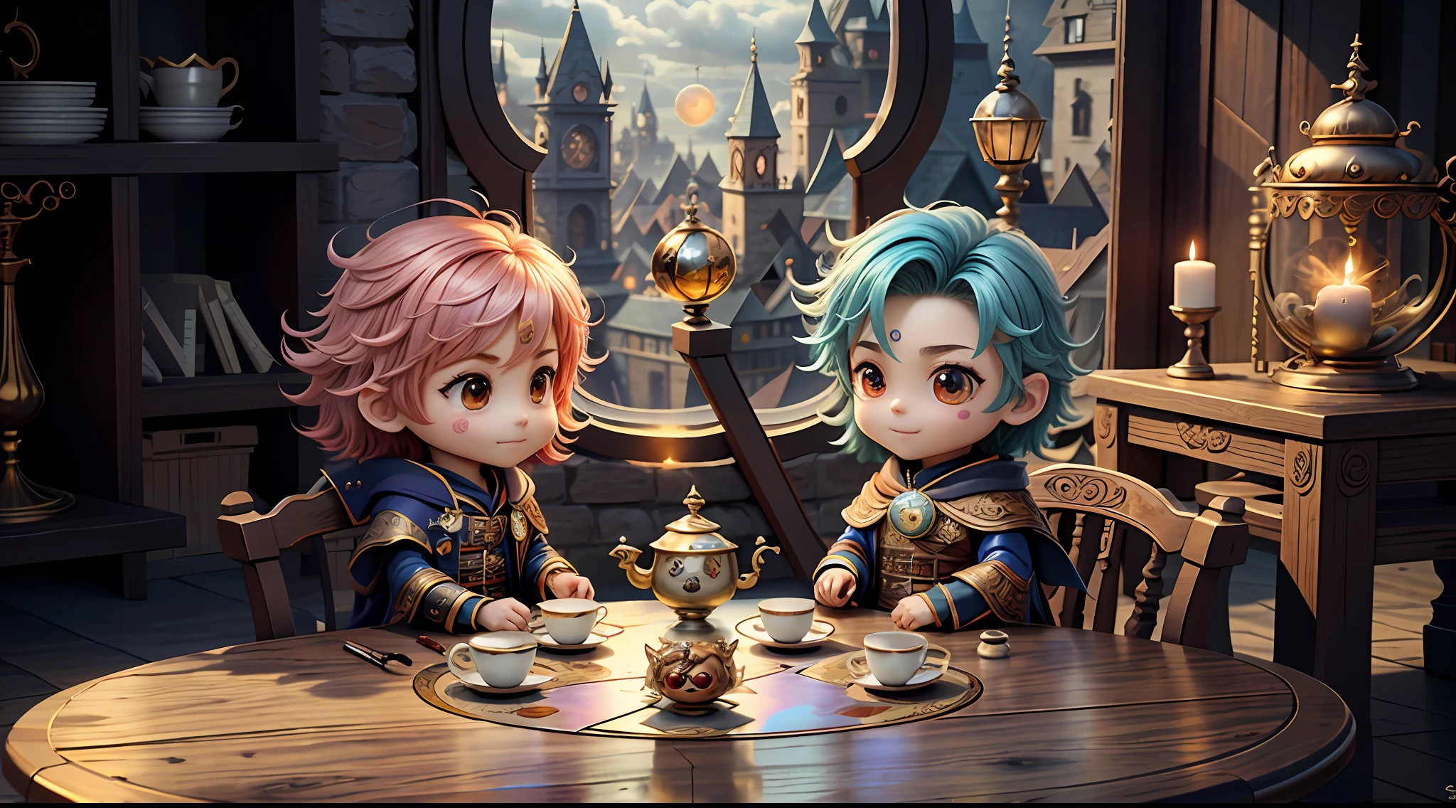 Masterpiece, best quality, chibi, wizard tea party, handsome male witch, cute witch, happy, vibrant, colorful