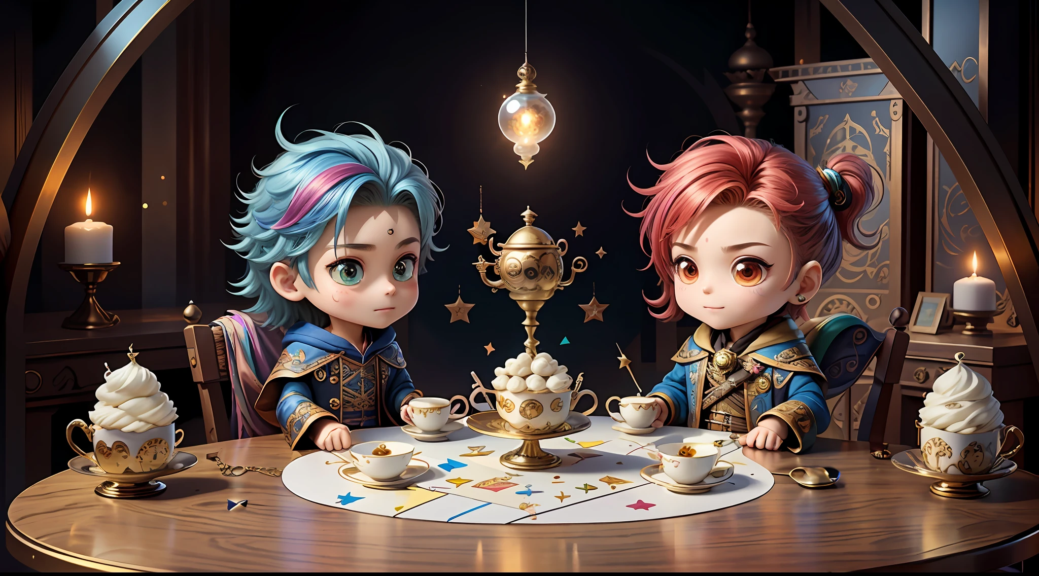 Masterpiece, best quality, chibi, wizard tea party, handsome male witch, cute witch, happy, vibrant, colorful