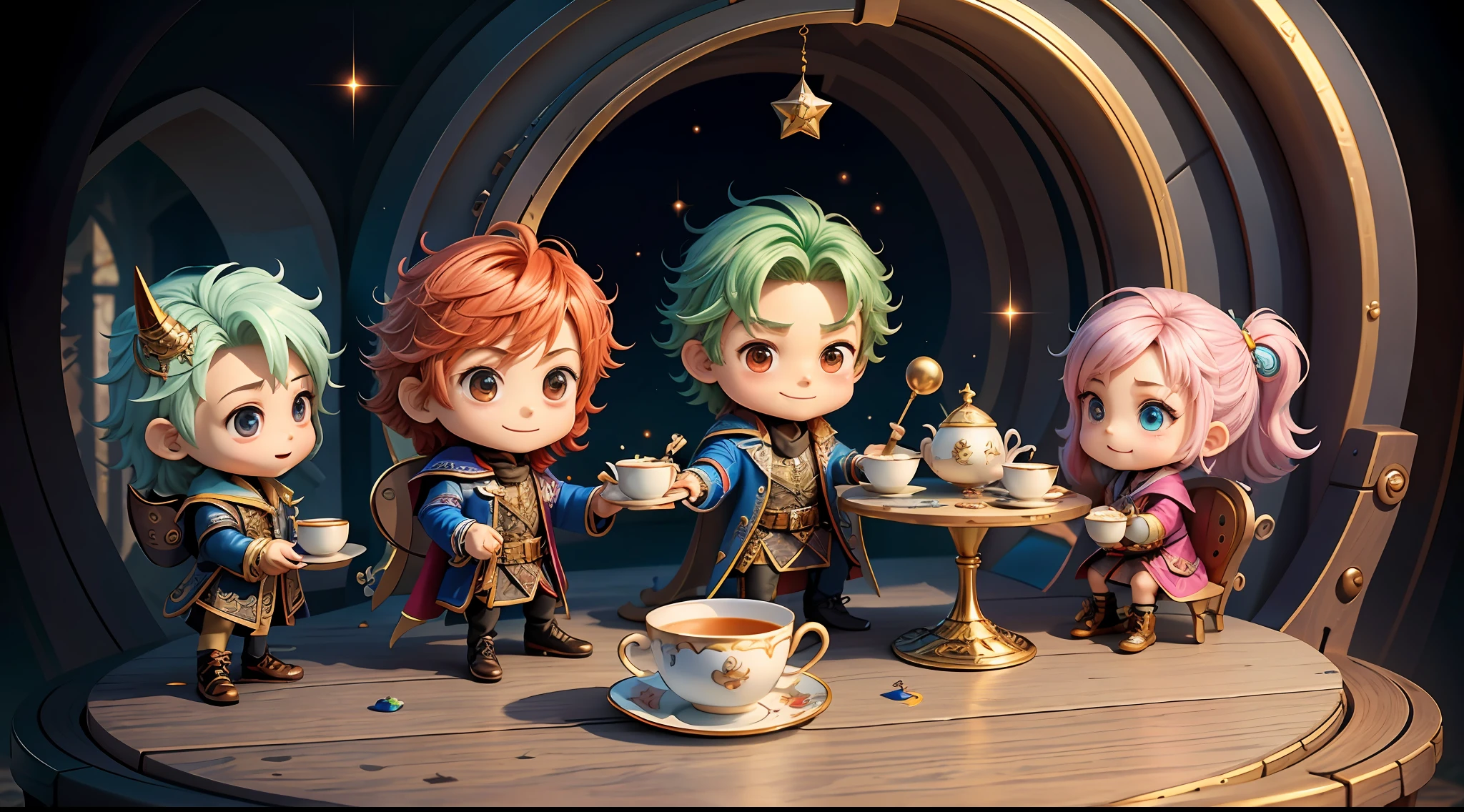Masterpiece, best quality, chibi, wizard tea party, handsome male witch, cute witch, happy, vibrant, colorful