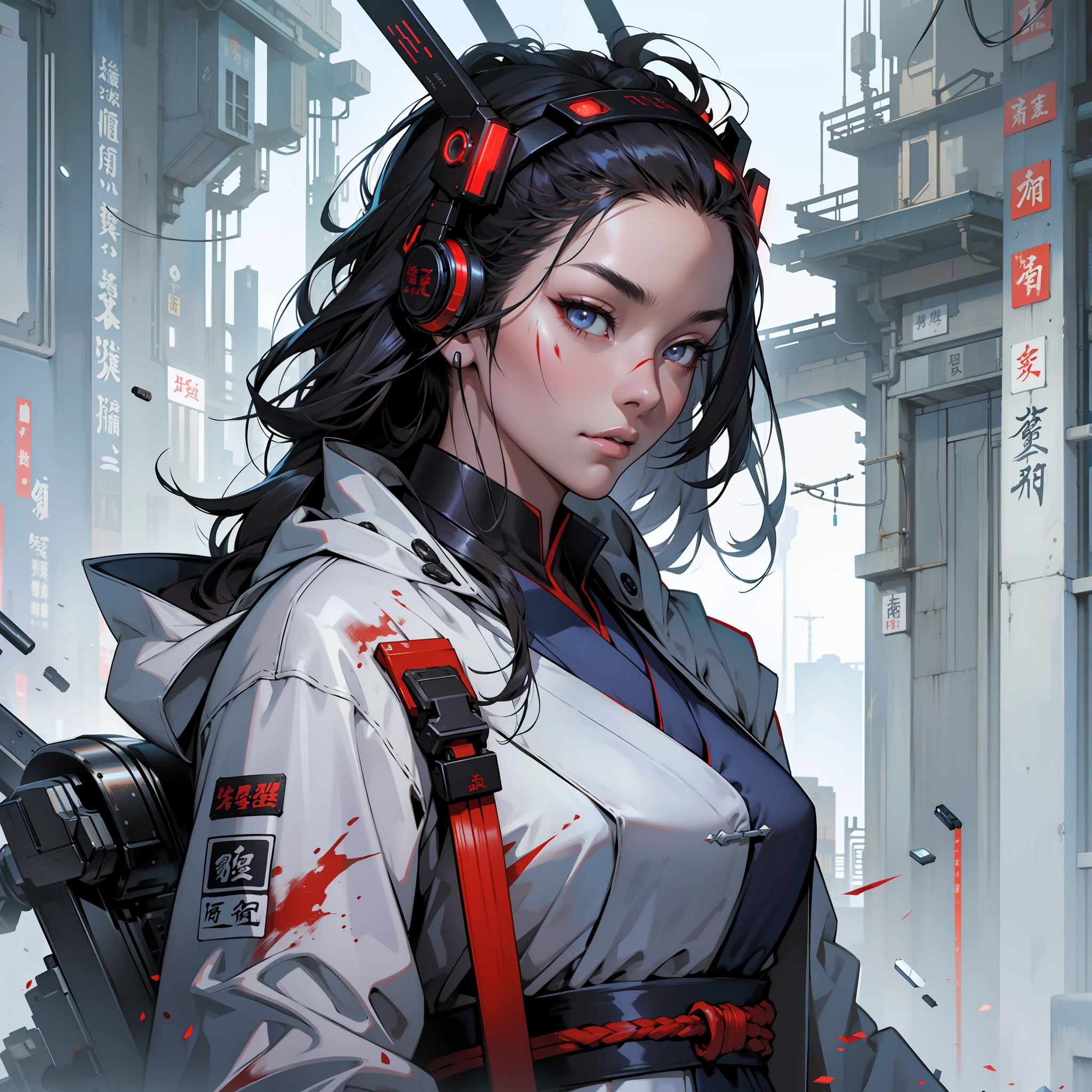 An ancient Chinese girl, hooded head, full body, amazing facial features, blood stains, sharp eyes, cyberpunk, holographic aura, surreal science fiction art, futuristic science fiction aesthetics, Hanfu, mechanical, complex design, game model, movie edge light, delicate light, masterpiece, ultra-detailed, epic composition, super HD, high quality, highest quality, 32k --niji 5