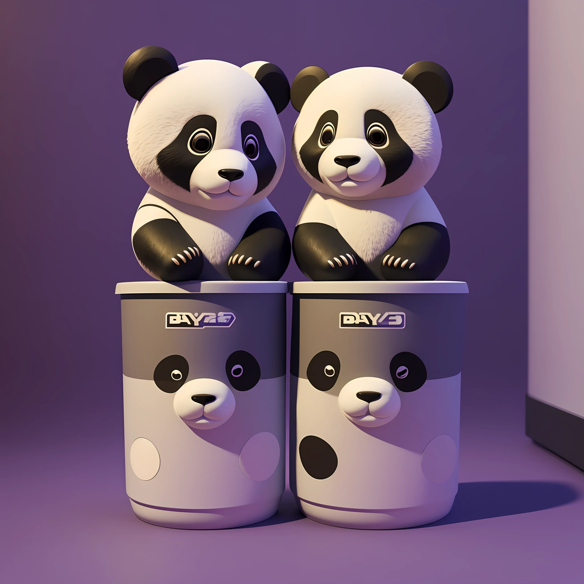there are two panda bears sitting on a table with a purple trash can, cute 3 d render, product introduction photo, dreamworks style, promotional render, in style of baymax, highly detailed scene, cute! c4d, stylized 3d render, 3 d product render, japanese collection product, toy design, 3d characters, high quality topical render --auto --s2