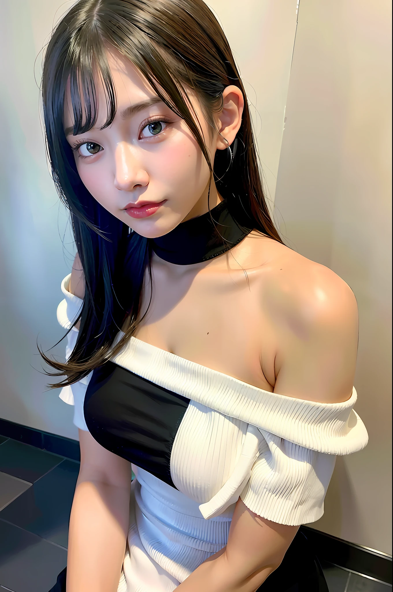 Top quality, ultra high resolution, (photorealistic: 1.4), 1 girl, off-the-shoulder white shirt, black tight skirt, black choker, (faded ash-gray hair: 1), (huge breasts: 1.2), look viewer, close-up, slender legs, small breasts