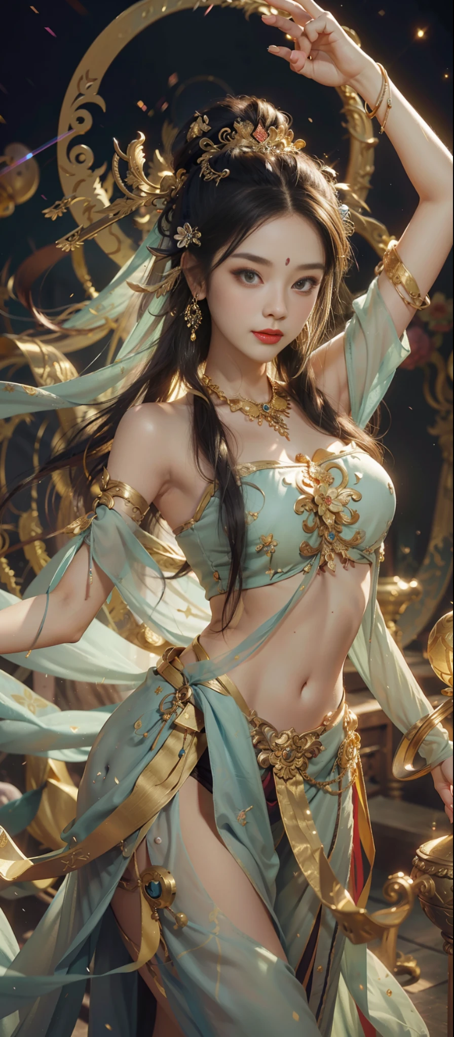 Dunhuang style, 1girle, shoulders, navel, flying fairy, Dunhuang mural in background, dance, Buddhist instrument in hand, black hair, very long hair, hair accessories, ribbons, earrings, gold jewelry, hair bubbles, flowers on the head, gradient eyes, smile, surrealism, high detail, romanticism, cinematic lighting, glitter, reflected light, masterpiece, super detail, textured skin, anatomically correct, high detail, best quality, high quality, award-winning, 8K
