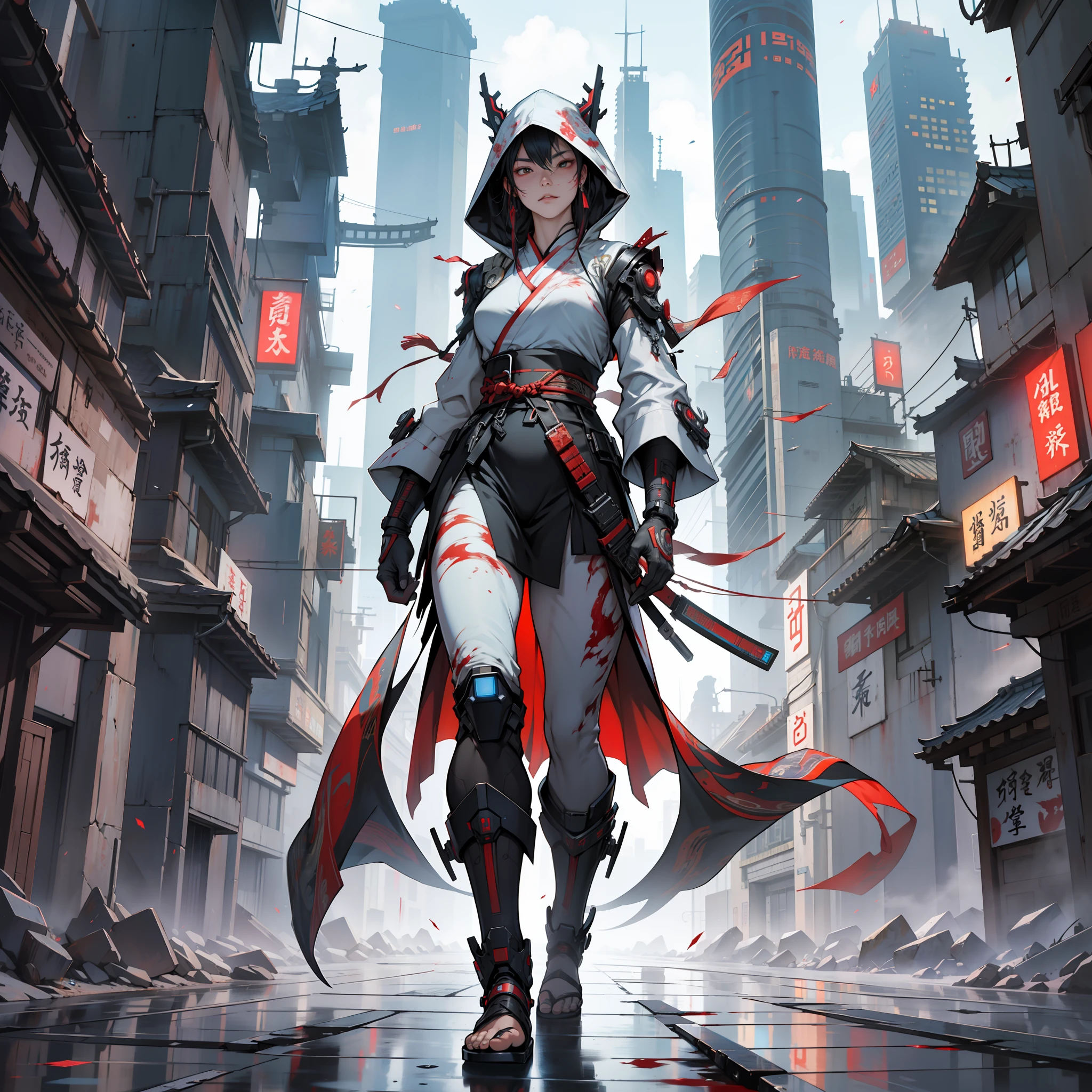 An ancient Chinese girl, hooded head, full body, amazing facial features, blood stains, sharp eyes, cyberpunk, holographic aura, surreal science fiction art, futuristic science fiction aesthetics, Hanfu, mechanical, complex design, game model, movie edge light, delicate light, masterpiece, ultra-detailed, epic composition, super HD, high quality, highest quality, 32k --niji 5