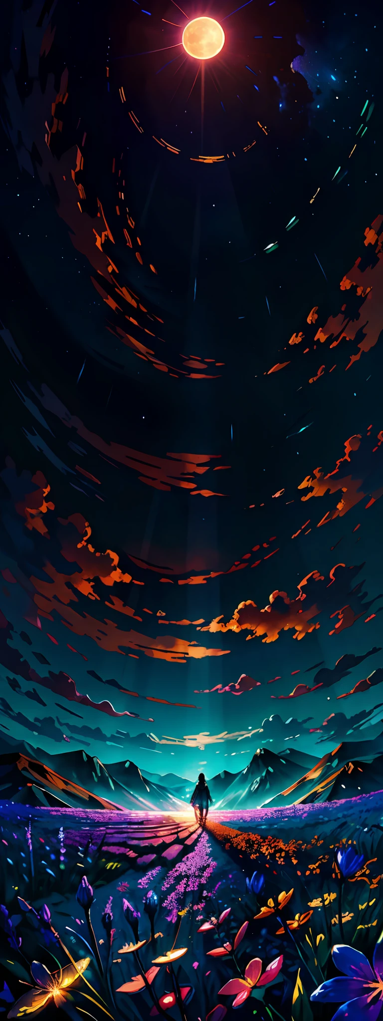 expansive landscape photograph , (a view from below that shows sky above and open field below), a girl standing on flower field looking up, (full moon:1.2), ( shooting stars:0.9), (nebula:1.3), distant mountain, tree BREAK
production art, (warm light source:1.2), (Firefly:1.2), lamp, lot of purple and orange, intricate details, volumetric lighting BREAK
(masterpiece:1.2), (best quality), 4k, ultra-detailed, (dynamic composition:1.4), highly detailed, colorful details,( iridescent colors:1.2), (glowing lighting, atmospheric lighting), dreamy, magical, (solo:1.2)
