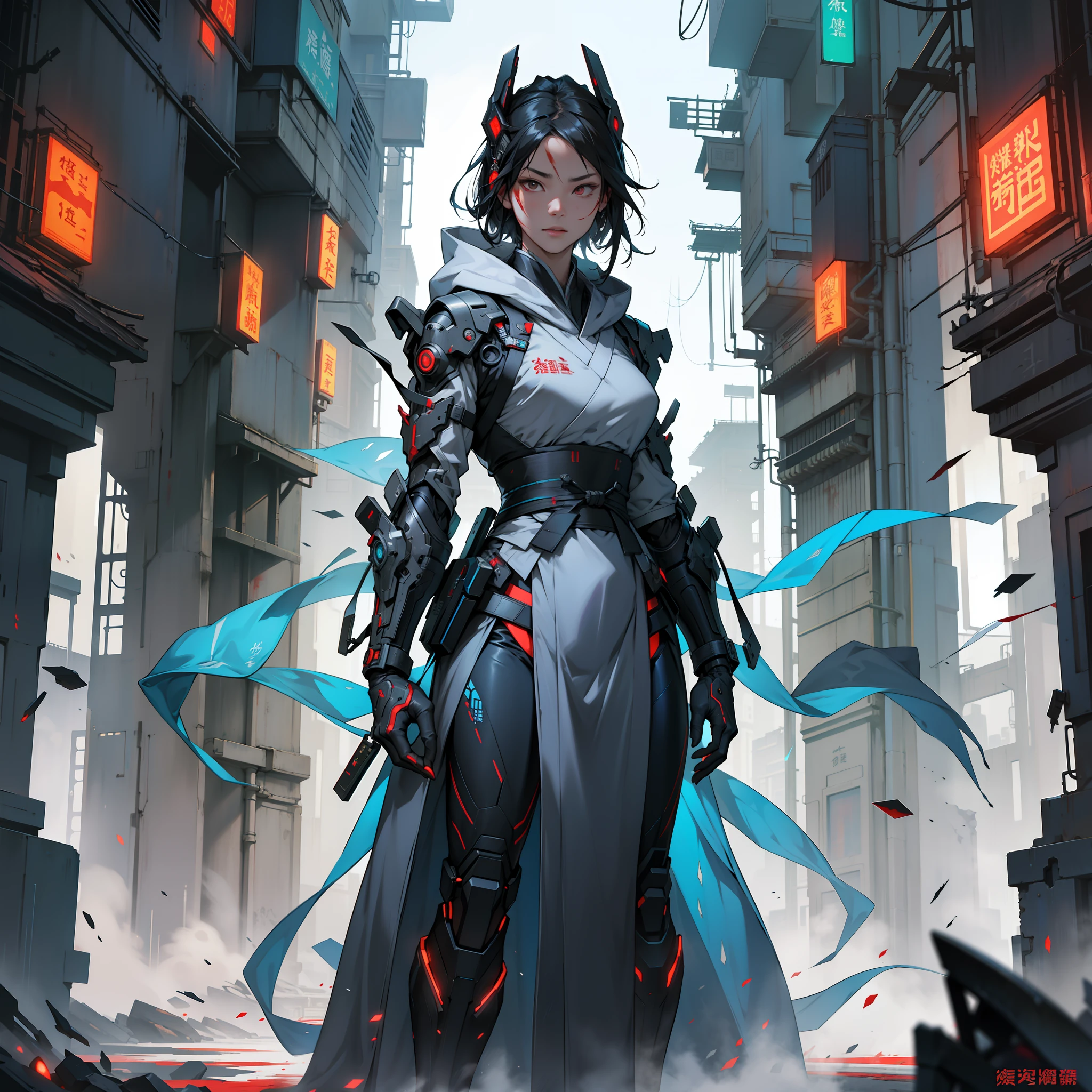 An ancient Chinese girl, wearing a hood, full body, amazing facial features, blood stains, sharp eyes, cyberpunk, holographic aura, surreal science fiction art, futuristic science fiction aesthetics, Hanfu, mecha, complex design, game model, movie edge light, delicate light, masterpiece, ultra-detailed, epic composition, super HD, high quality, highest quality, 32k --niji 5