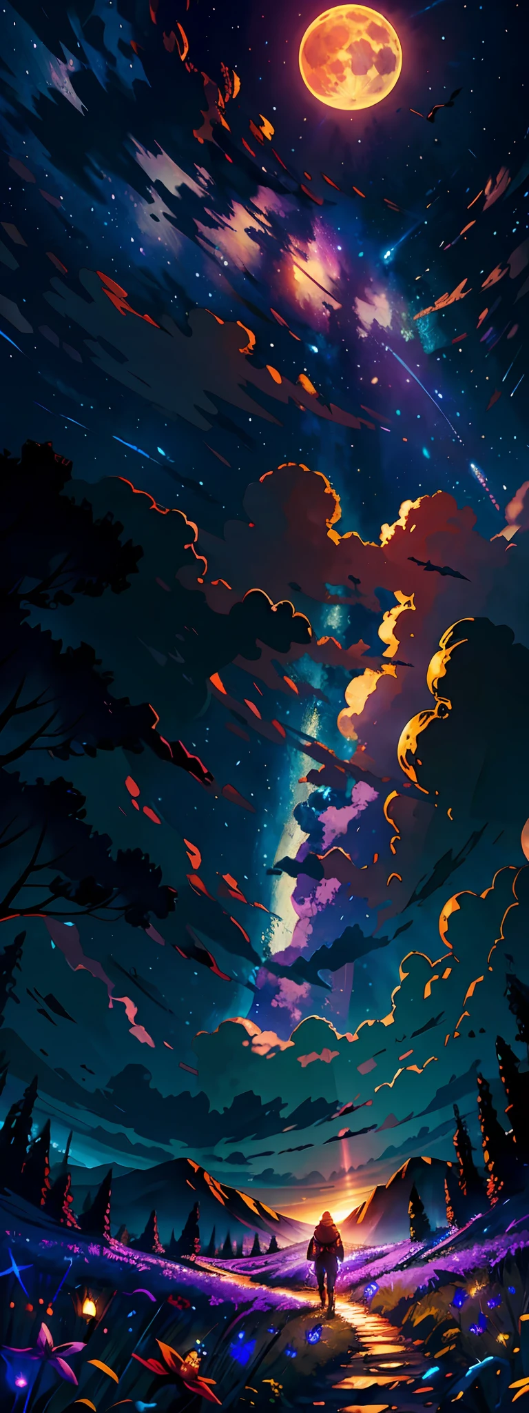 expansive landscape photograph , (a view from below that shows sky above and open field below), a girl standing on flower field looking up, (full moon:1.2), ( shooting stars:0.9), (nebula:1.3), distant mountain, tree BREAK
production art, (warm light source:1.2), (Firefly:1.2), lamp, lot of purple and orange, intricate details, volumetric lighting BREAK
(masterpiece:1.2), (best quality), 4k, ultra-detailed, (dynamic composition:1.4), highly detailed, colorful details,( iridescent colors:1.2), (glowing lighting, atmospheric lighting), dreamy, magical, (solo:1.2)