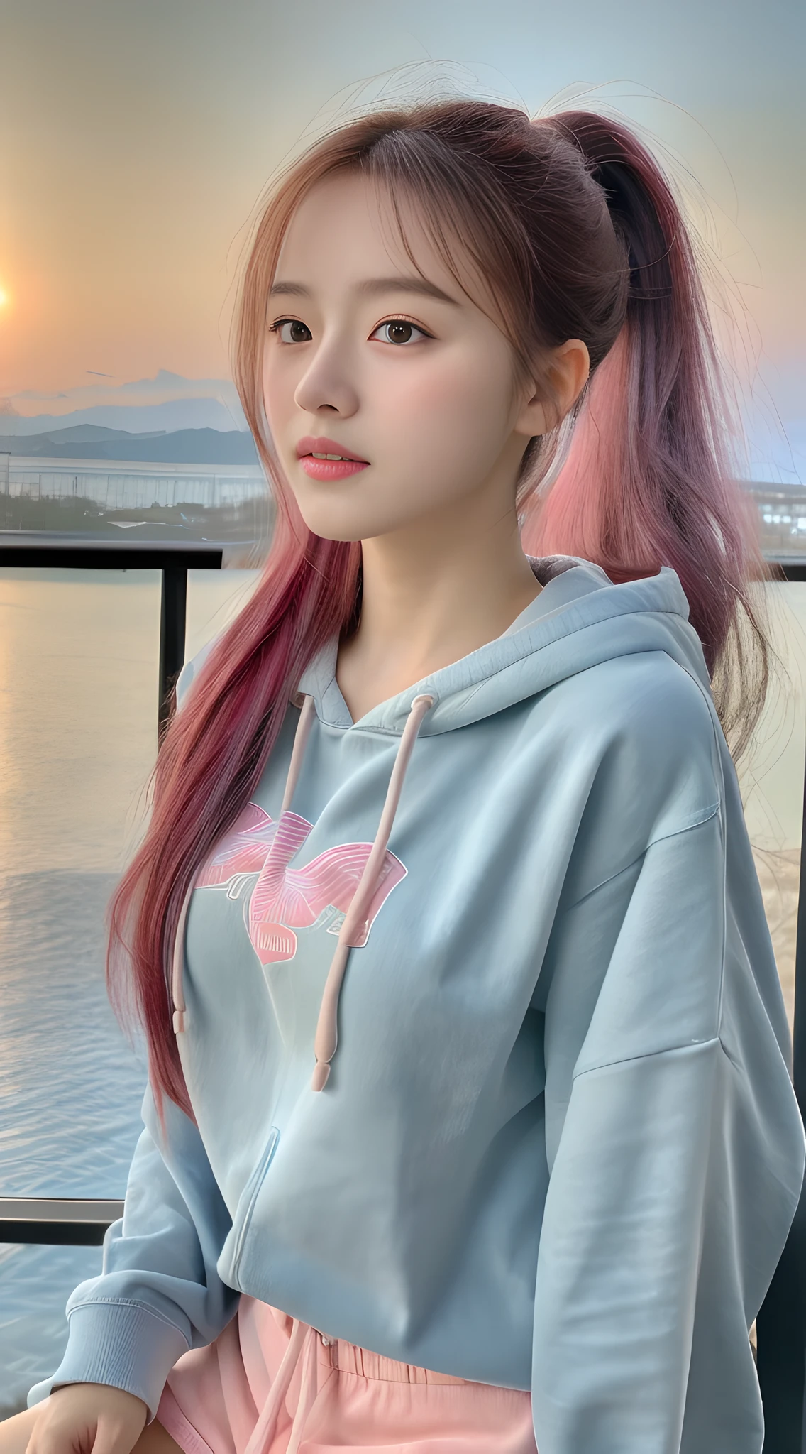 (8k, RAW photo, best quality, masterpiece), (realistic, photo-realistic:1.2), ultra detailed, 1 girl, cute, solo, beautiful detailed sky, detailed cafe, night, sitting, dating, dose blush, closed mouth, Beautiful and delicate eyes, wearing hoodies, dolphin shorts, medium build, flowing hair, ((pick dye long blue hair)), GIRL, FEMININE, pink eyes, ultra-fine details, complex scenes, ambient light, soft light, elegant, symmetrical facial features, accurate anatomy, anatomically correct girl, landscape, hairspring, ethereal, full body, ponytail, gentle, gentle, sensible, big breasts,
