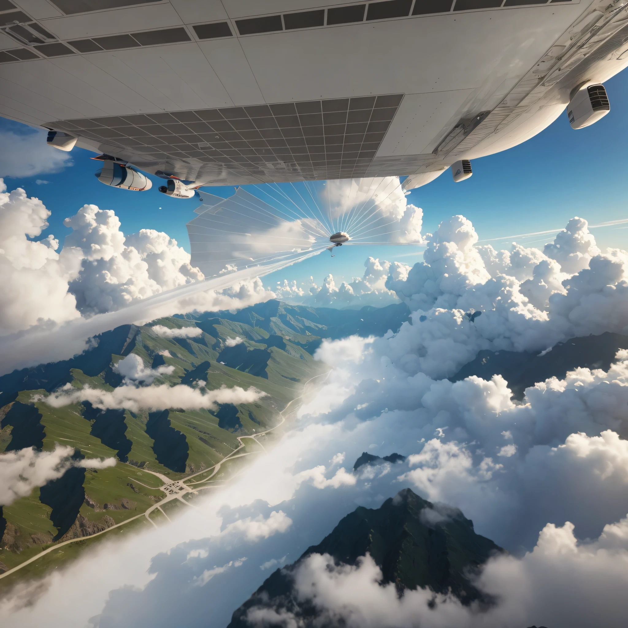3D CGI animation of flying through white clouds towards ground visible from distance --auto --s2