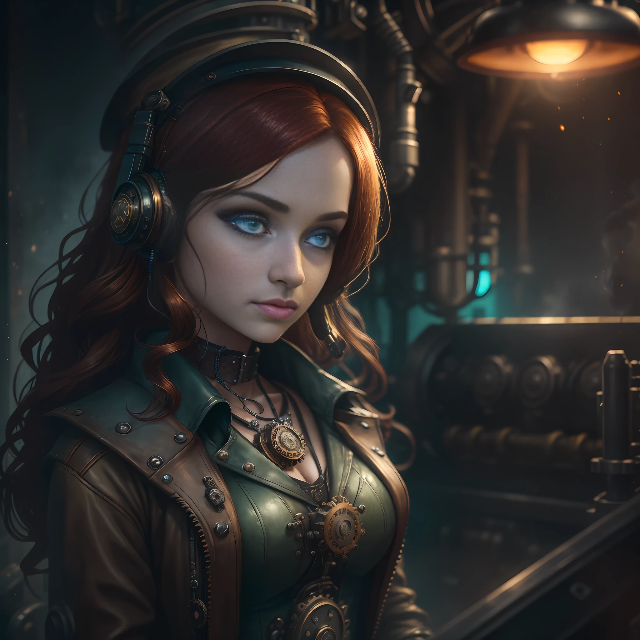 Masterpiece, absurdres, award winning photo, extremely detailed, amazing, fine detail, extremely detailed eyes and face, by lee jeffries nikon d850, film stock photograph, 4 kodak portra 400 camera, f1.6 lens, rich colors, hyper realistic lifelike texture, dramatic lighting, unrealengine trending on artstation cinestill 800 tungsten, beautiful rud woman, a woman with long ginger hair and dark green eyes, perfect rud face, perfect rud body, hyper photorealism, very high contrast photograph, street photography, cinematic lighting, dramatic lighting, (a 19 yo girl, (Ana de Armas:0.50), (redhead:1.1)), very cute, (perfect eyes:1.1), photorealistic wavy hair, looking down at her own hand, steampunk jumpsuit, intercom headset, steampunk choker, long leather boots, perfect detailed face, detailed symmetric green eyes with circular iris, fixing a steam engine in the steampunk garage filled with steam and smoke, intricate, hdr, intricate details, detailed, cinematic, cogs and gears, steamy background with lots of steam pipes and steam valves and pressure gauges and gears, realistic, stunning realistic photograph, 3d render, octane render, cinematic, Isometric, Centered, hyperealistic cover photo, awesome full color, 12k, high definition, portrait featured on unsplash, smooth, ultra high definition, 8k, ultra sharp focus, intricate artwork, masterpiece, ominous, epic, highly detailed, warm cinematic, a girl in a light gray uniform sitting on a machine, young girl in steampunk clothes, in a steampunk laboratory, steampunk inventor girl, in a steampunk world, woman in a dark factory, steampunk fantasy style, steampunk , steampunk aesthetic --auto --s2