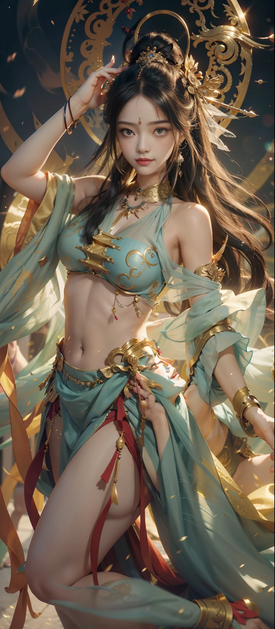 (8k, RAW photo, best quality, masterpiece: 1.2), (realistic, photorealistic photoreal: 1.4), (very detailed CG unity 8k wallpaper), (1 girl), dance, dunhuang_dress, dunhuang_style, dunhuang_background, one arm up, one hand to the viewer, gold ornaments, ancient Chinese hairstyle, tulle, streamers, light makeup, eye shadow, eyebrow mole, (face), Dynamic pose, background smoke surrounding, flower petals flying, details, jewelry, earrings, bracelets, shoulders, complex textures, busts