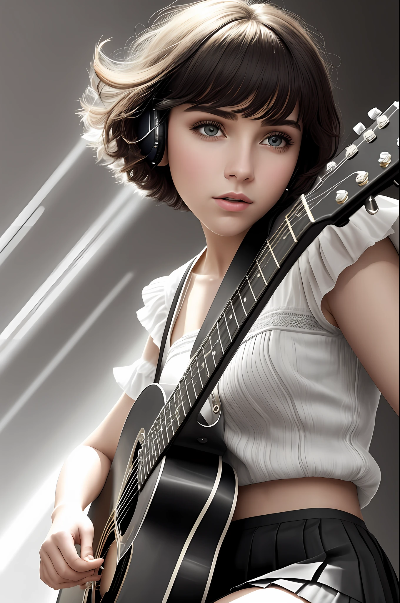 A cute pop singer with short hair and symmetrical teary eyes holds a guitar and sings into headphones, wearing a pleated skirt, with a dynamic angle, captured in a high-detailed cowboy shot, exuding a melancholy emotion, featuring soothing tones and a contrasting mix of light and shadow, all while emphasizing the subject's hair, eyes, mouth, and action in a composition that is both pleasing to the eye and thought-provoking.