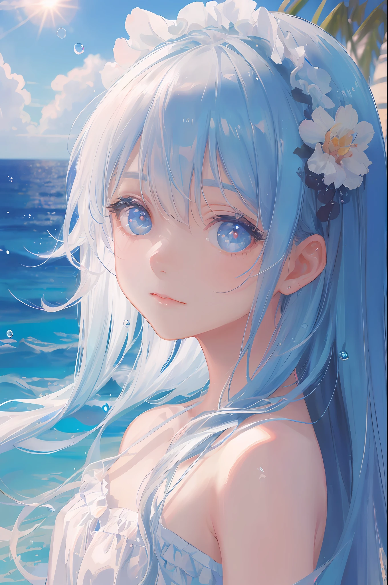art by Cornflower, dreamy
(a girl who was ite and had beautiful detailed eyes. The depth of field in the photo was perfect, and the lens flare added a nice touch. The finely detailed features of her face really stood out, and the score for this photo was definitely greater than 10. In the background, there was a beautiful ocean with crystal clear water and water droplets on the surface. It was a stunning photo that really captured the beauty of the girl and the water.)