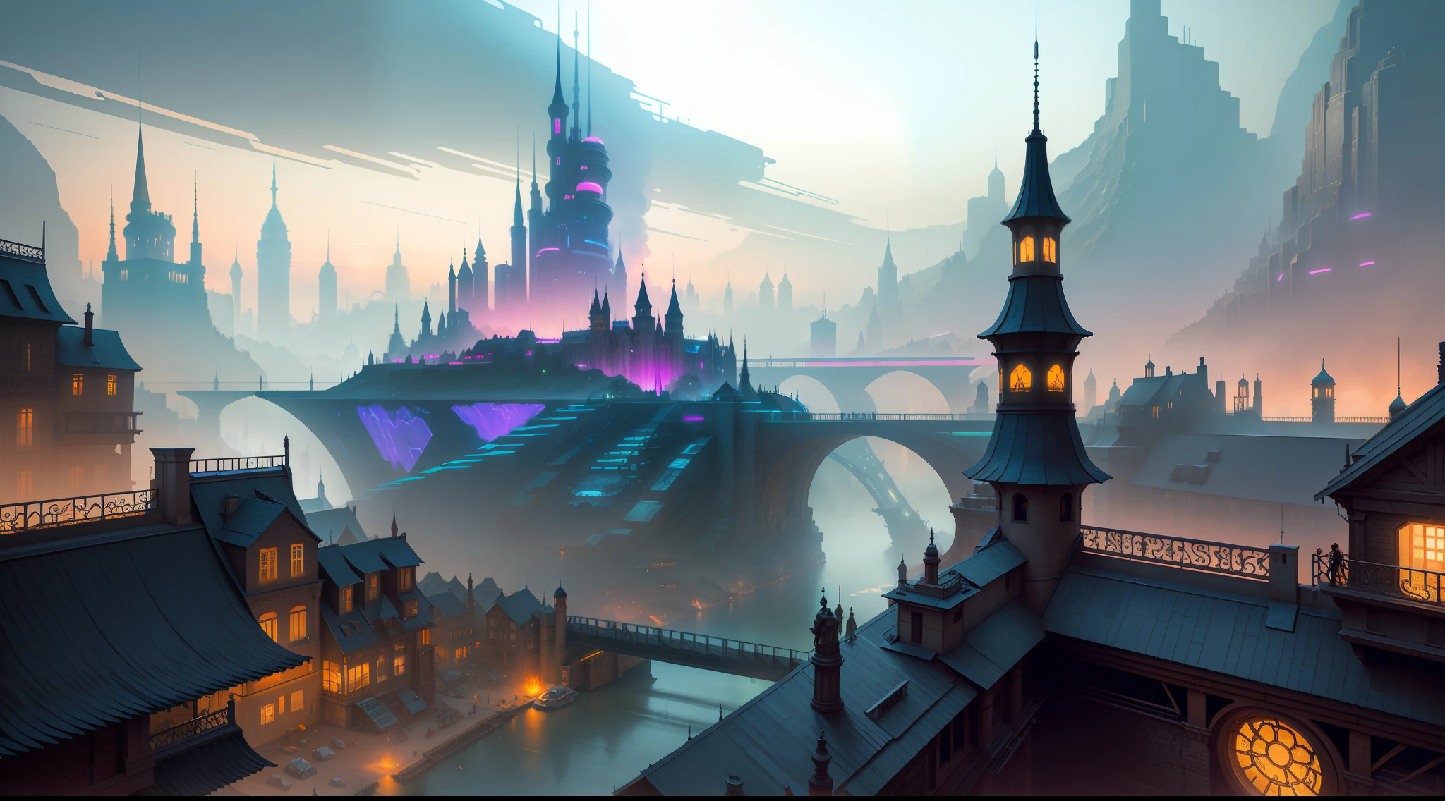 There is a young people's favorite painting of a cyberpunk town that blends medieval and futuristic fantasy cities, with a cool castle in the heart of the city, surrounded by high-tech equipment and neon lights, bridges and rivers connecting the town to the surrounding cities. Alexander Jean has created the perfect setting for the flintlock fantasy capital here, creating a world of energy and innovation. The painting is a concept art that presents a detailed cyberpunk town scene in 4K quality, with a stunning atmosphere that creates a unique look of this magical town full of futuristic and technological sense. It is a beautiful concept art and at the same time a detailed digital concept art, making it feel like you are in a town full of style and energy that young people like.