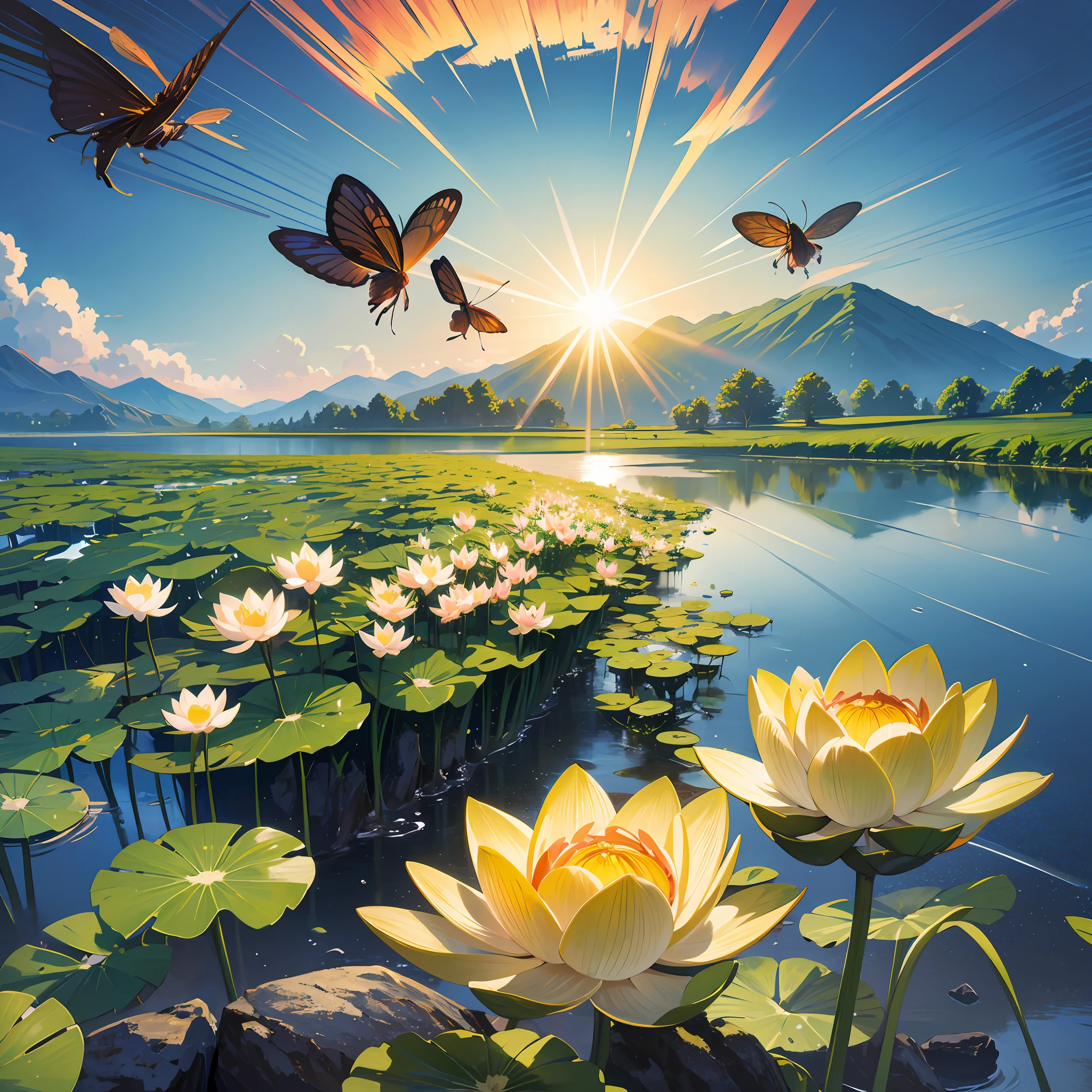solar term, summer solstice, Scenery, lotus, insect, raining, sea, wave, High Mountain, Small bridges and flowing water, beautifui, UHD, textured skin, highres, 8k, best quality, high details, textured skin, super detail --auto --s2