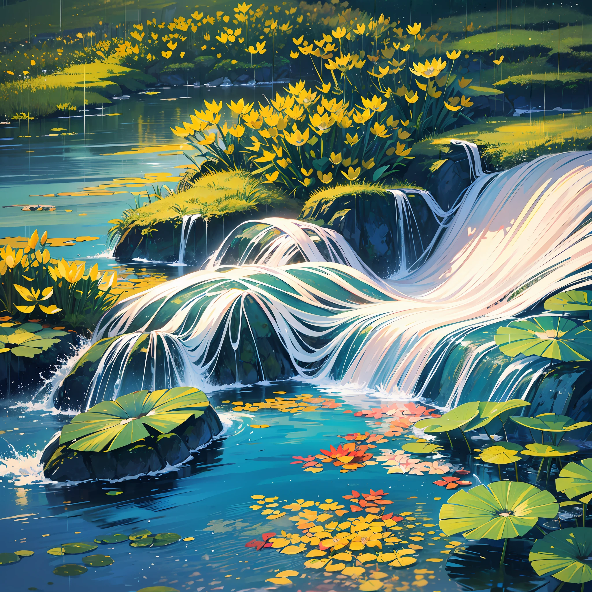 solar term, summer solstice, Scenery, lotus, insect, raining, sea, wave, High Mountain, Small bridges and flowing water, beautifui, UHD, textured skin, highres, 8k, best quality, high details, textured skin, super detail --auto --s2